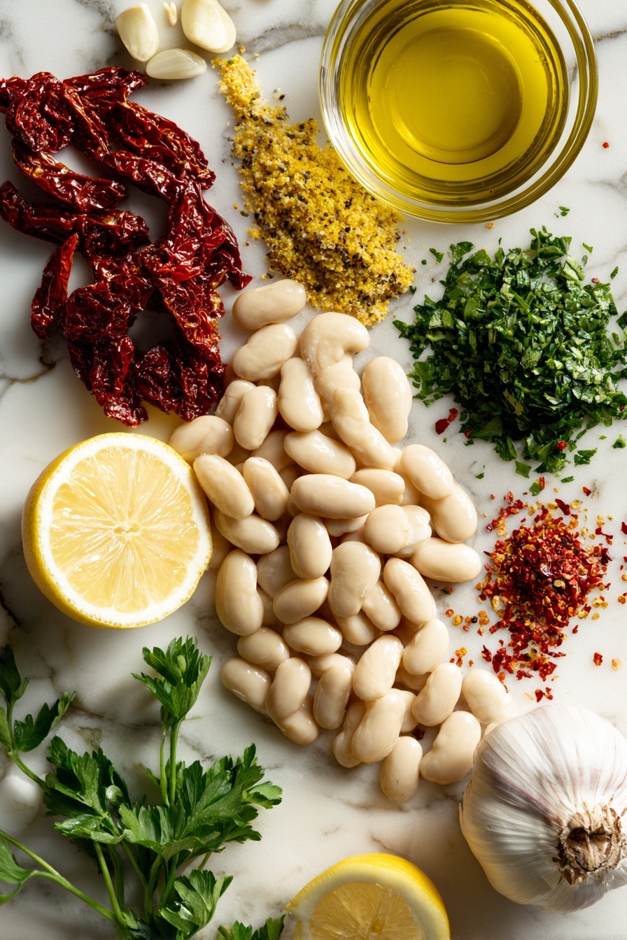 Flat lay of large pale beige gigante beans, bright green chopped fresh parsley, deep red sun-dried tomatoes glistening with olive oil, halved fresh lemons showing vibrant yellow juice, whole garlic cloves with papery skin, small pile of golden lemon zest, scattered red pepper flakes, and a drizzle of glossy extra-virgin olive oil, all beautifully arranged and spaced on a white marble surface, photo taken with an iphone --ar 2:3 --v 7 - Marinated Gigante Beans with Lemon, Sun-Dried Tomatoes, and Fresh Herbs, healthy bean salads, Mediterranean bean recipes, lemon sunflower bean dishes, flavorful chilled bean salads, easy vegetarian bean recipes