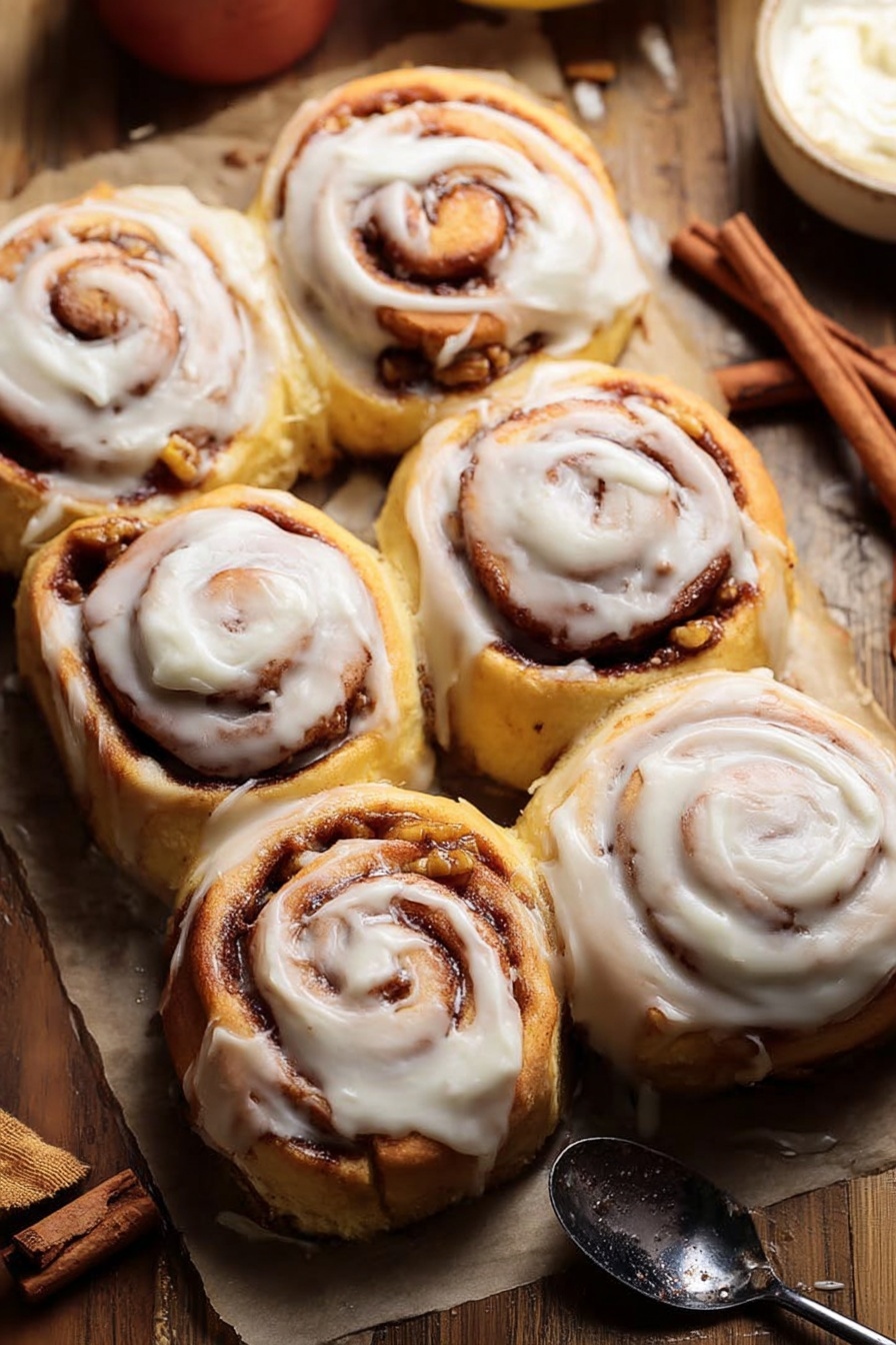 The image shows six cinnamon rolls arranged closely together on a rectangular sheet of parchment paper over a wooden surface. Each roll has a golden brown dough base with visible spiral layers filled with cinnamon and small bits of nuts, topped with a generous layer of smooth, white frosting that looks creamy but not thick. The rolls have a soft texture with variations in the spiral pattern and icing coverage. A spoon with a dark reflection lies on the right side on the wooden table, and there is a hint of a cinnamon stick and a small white container with white frosting in the background. The scene is warm, cozy, and inviting, with soft natural light highlighting the rolls' texture and glossiness. Photo taken with an iphone --ar 2:3 --v 7 - Apple Cinnamon Rolls with Brown Butter Maple Icing, cinnamon apple rolls, fall breakfast recipes, easy cinnamon roll with apple, brown butter maple icing
