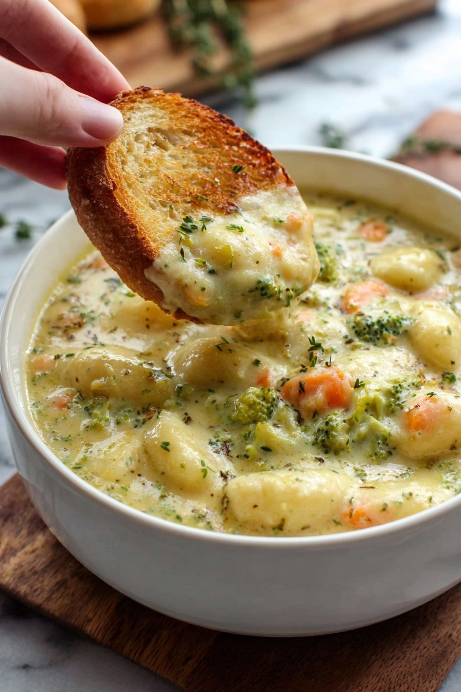 A white bowl filled with a creamy soup that has chunks of gnocchi and small pieces of broccoli and carrots mixed throughout. The soup is light yellowish-green with a thick and smooth texture, with visible bits of vegetables giving it a fresh and hearty look. A woman's hand holds a golden-brown toasted slice of bread dipped into the soup, covered with a creamy portion of the vegetable gnocchi mix. The background is a white marbled texture with a wooden cutting board and herbs slightly blurred behind. Photo taken with an iphone --ar 2:3 --v 7 - Broccoli Cheddar Gnocchi Soup, cheesy broccoli soup, creamy gnocchi soup, easy cheesy soup recipes, hearty vegetable soup