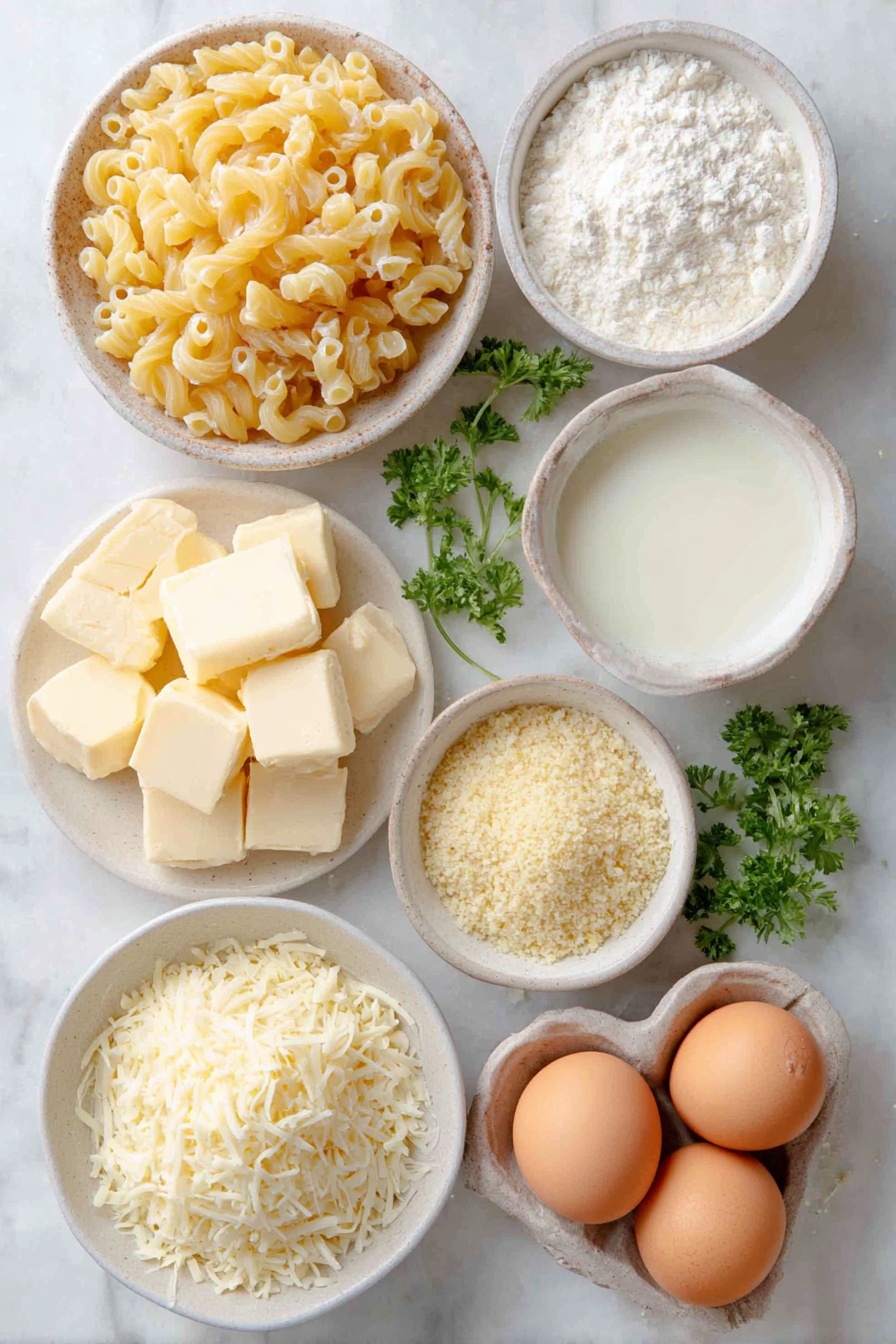 Flat lay of uncooked elbow macaroni pasta, a few cubes of unsalted butter, a small white ceramic bowl filled with fresh panko breadcrumbs, another small white ceramic bowl containing melted butter, a small white ceramic bowl with plain all-purpose flour, a small white ceramic bowl of warm milk, a small white ceramic bowl heaped with freshly shredded gruyere cheese, a small white ceramic bowl with shredded mozzarella cheese, two whole brown eggs with clean shells, and a few sprigs of fresh parsley, all arranged in perfect symmetry on a clean white marble surface, soft natural light, photo taken with an iPhone, professional food photography style, fresh ingredients, white ceramic bowls, no bottles, no duplicates, no utensils, no packaging --ar 2:3 --v 7 --p awthu7i m7354615311229779997 - Baked Mac and Cheese, cheesy baked macaroni and cheese, creamy baked mac and cheese, crispy topping mac and cheese, easy baked mac and cheese