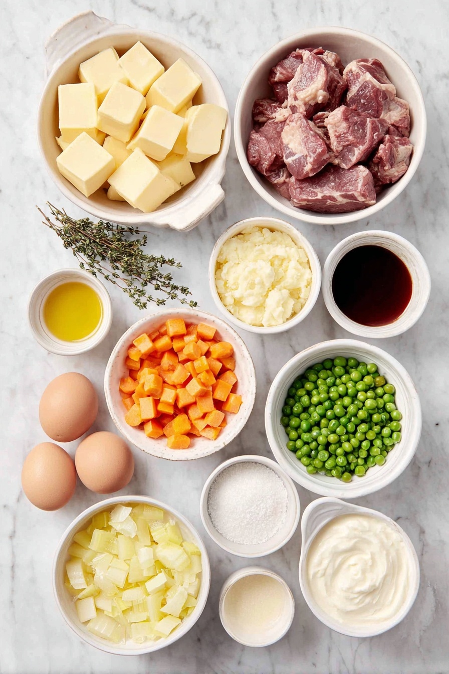 Flat lay of peeled russet potatoes cut into chunks, a few whole brown eggs with clean shells, a small white bowl of cubed unsalted butter, a small white bowl of bright orange diced carrots, a small white bowl of diced yellow onion, a small white bowl of diced celery ribs, two cloves of fresh garlic, a small white bowl of tomato paste, a small white bowl of dry red wine, two fresh thyme sprigs, one fresh bay leaf, a small white bowl of golden vegetable oil, a small white bowl of low-sodium chicken stock, a small white bowl of Worcestershire sauce, a small white bowl of fine all-purpose flour, a small white bowl of bright green frozen peas, a small white bowl of heavy cream, and a small white bowl of grated Parmigiano-Reggiano cheese all arranged with perfect symmetry, placed on a clean white marble surface, soft natural light, photo taken with an iPhone, professional food photography style, fresh ingredients, white ceramic bowls, no bottles, no duplicates, no utensils, no packaging --ar 2:3 --v 7 --p awthu7i m7354615311229779997 - Classic Shepherd's Pie with Beef and Lamb, hearty shepherd's pie, meat and mashed potato casserole, comforting beef and lamb dish, traditional shepherd's pie recipe