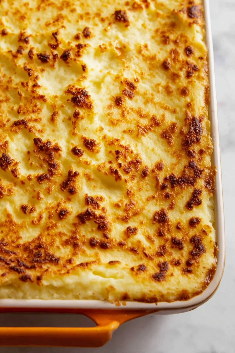 A close-up view of a baked dish in a white casserole with an orange handle, showing a top layer of golden brown mashed potatoes with a crispy and slightly browned texture, covering the entire surface evenly. The mashed potato layer has a rough, bubbled appearance with spots of deeper browning scattered across the smooth, creamy surface, suggesting it was baked to a crunchy finish. The casserole sits on a white marbled surface. photo taken with an iphone --ar 2:3 --v 7 - Classic Shepherd's Pie with Beef and Lamb, hearty shepherd's pie, meat and mashed potato casserole, comforting beef and lamb dish, traditional shepherd's pie recipe