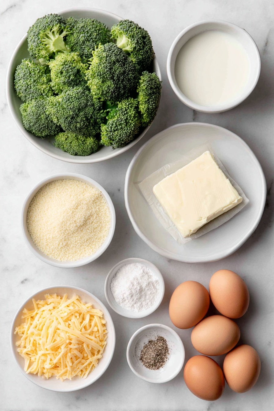Flat lay of fresh broccoli florets and sliced broccoli stems arranged neatly, a small mound of golden toasted panko breadcrumbs in a simple white ceramic bowl, a few tablespoons of smooth unsalted butter softened in another white bowl, a small white bowl filled with whole milk, a pile of bright orange shredded sharp cheddar cheese on a white plate, a few whole brown eggs with clean shells scattered beside a small white bowl of all-purpose flour, and a small white bowl containing coarse kosher or sea salt and freshly ground black pepper, all placed on a clean white marble surface, soft natural light, photo taken with an iPhone, professional food photography style, fresh ingredients, white ceramic bowls, no bottles, no duplicates, no utensils, no packaging --ar 2:3 --v 7 --p awthu7i m7354615311229779997 - Broccoli Cheese Casserole, broccoli cheese bake, cheesy veggie casserole, healthy broccoli casserole, cheesy comfort food