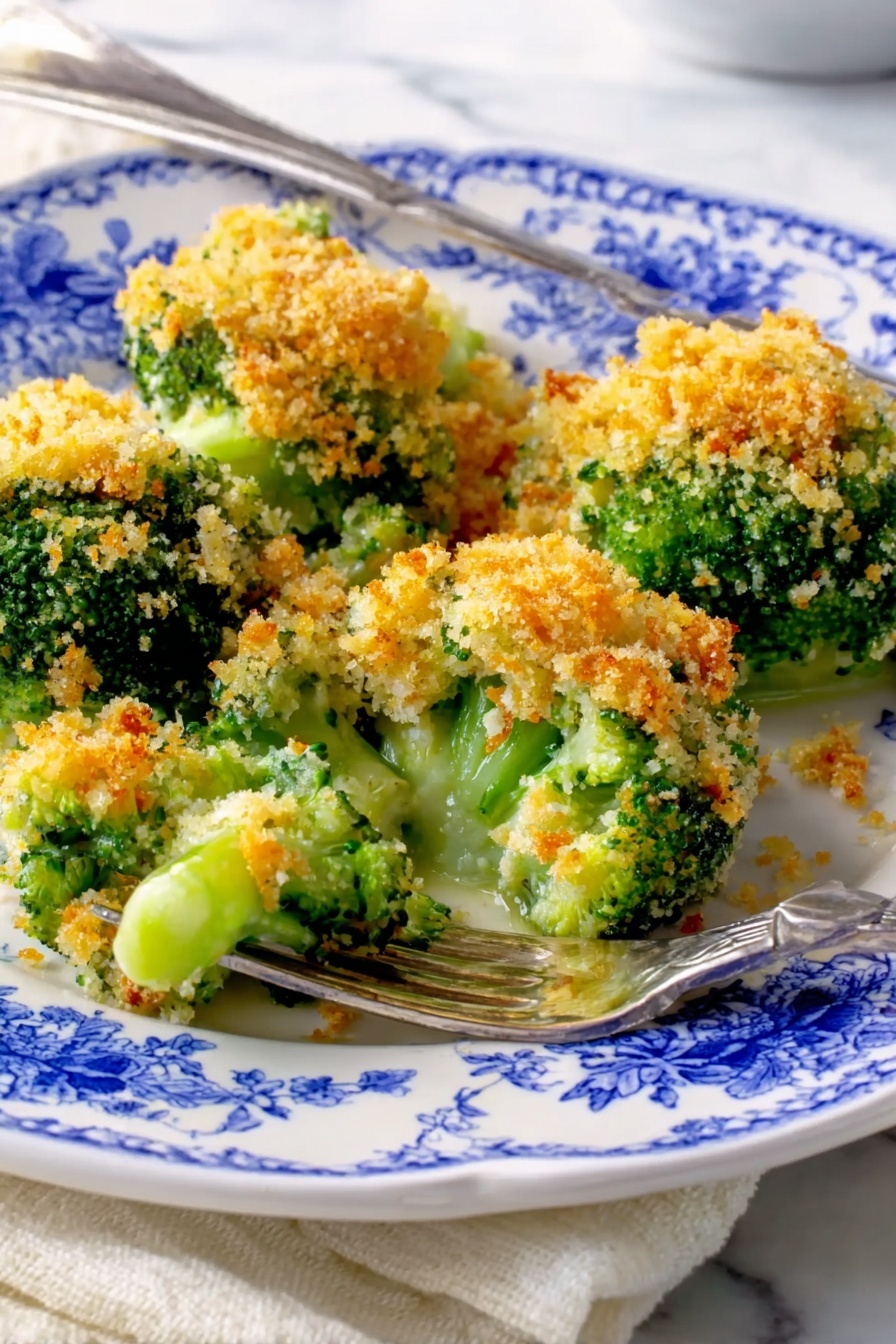 A white plate with blue flower patterns holds four pieces of broccoli topped with golden brown crumbly crumbs. The broccoli is bright green with stems showing under the crisp crumbs. One piece is partly pulled away on a silver fork, showing the soft light green inside and the crunchy topping. The plate sits on a white marbled textured surface with a white napkin beside it. Photo taken with an iphone --ar 2:3 --v 7 - Broccoli Cheese Casserole, broccoli cheese bake, cheesy veggie casserole, healthy broccoli casserole, cheesy comfort food