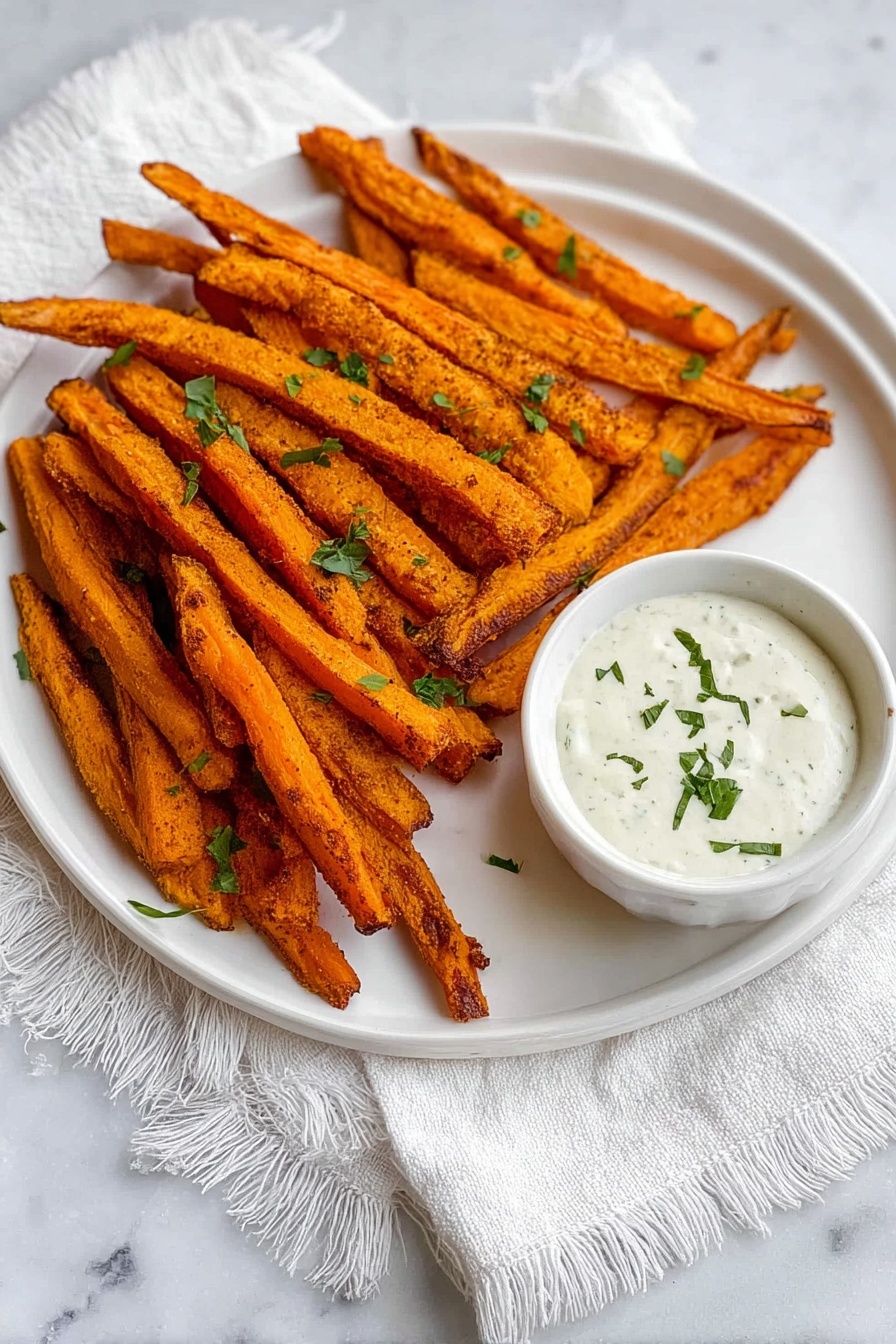 The image shows a white round plate filled with two layers of crispy orange sweet potato fries, stacked in a slightly scattered but neat arrangement, with some fresh green herb leaves sprinkled on top. On one side of the plate, there is a white bowl with creamy white dipping sauce, garnished with a few small green herbs. The plate sits on a white cloth with fringed edges, all placed on a white marbled surface. photo taken with an iphone --ar 2:3 --v 7 - Baked Butternut Squash Fries, healthy squash fry recipe, crispy baked veggie fries, easy roasted butternut squash snack, vegan baked vegetable fries