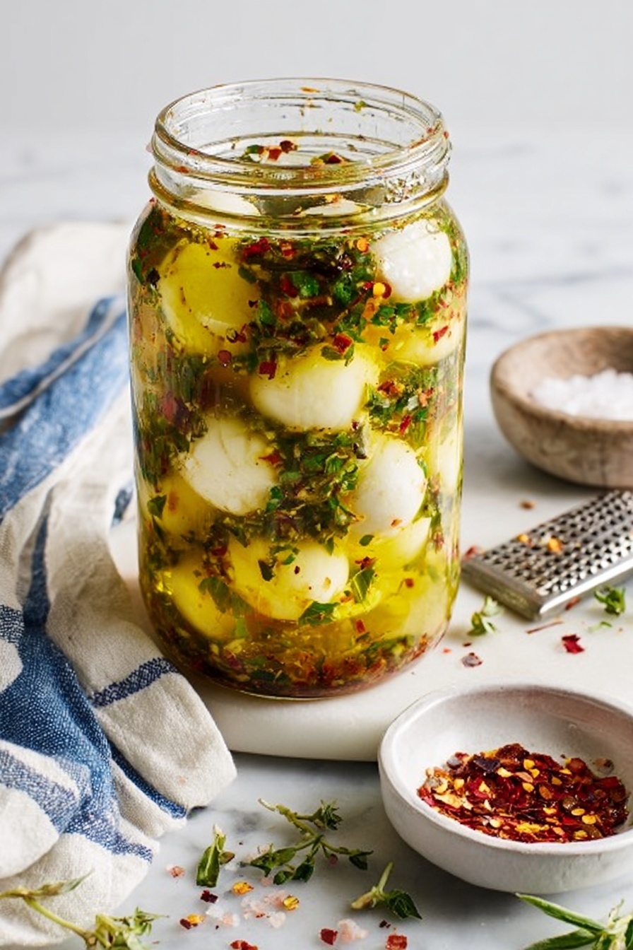 A clear glass jar filled with small white balls, likely cheese, soaked in a yellowish olive oil mixed with finely chopped green herbs and red chili flakes. The jar shows layers of the cheese balls immersed evenly in the oil and herbs, with some herbs and chili pieces floating near the top. The jar is placed on a white marbled surface, accompanied by a white cloth with blue stripes, a small white bowl of coarse salt, a white bowl with red chili flakes, a silver fork, a small metal grater, and some green herb sprigs scattered around. Photo taken with an iphone --ar 2:3 --v 7 - Marinated Mozzarella Balls, mozzarella appetizer, bruschetta-style mozzarella, easy mozzarella snack, herb-marinated mozzarella