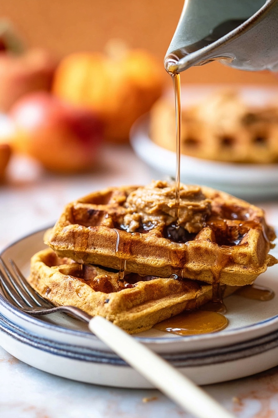 A white plate holds a round golden waffle cut into three large pieces. On top of the waffle, there is a thick layer of brown nut butter with small chunks of nuts spread evenly in the center. The waffle's deep square pockets hold a dark syrup, filling some squares with a shiny texture. A gold fork is stuck into a small bite-sized piece of the waffle near the right edge of the plate. The plate is placed on a white marbled surface, with a blue cloth near the bottom left corner and a red apple and orange pumpkin softly blurred in the background. Photo taken with an iphone --ar 2:3 --v 7 - Pumpkin Waffles, Pumpkin Waffles Recipe, Fall Breakfast Ideas, Easy Pumpkin Waffles, Pumpkin Pancake Waffles