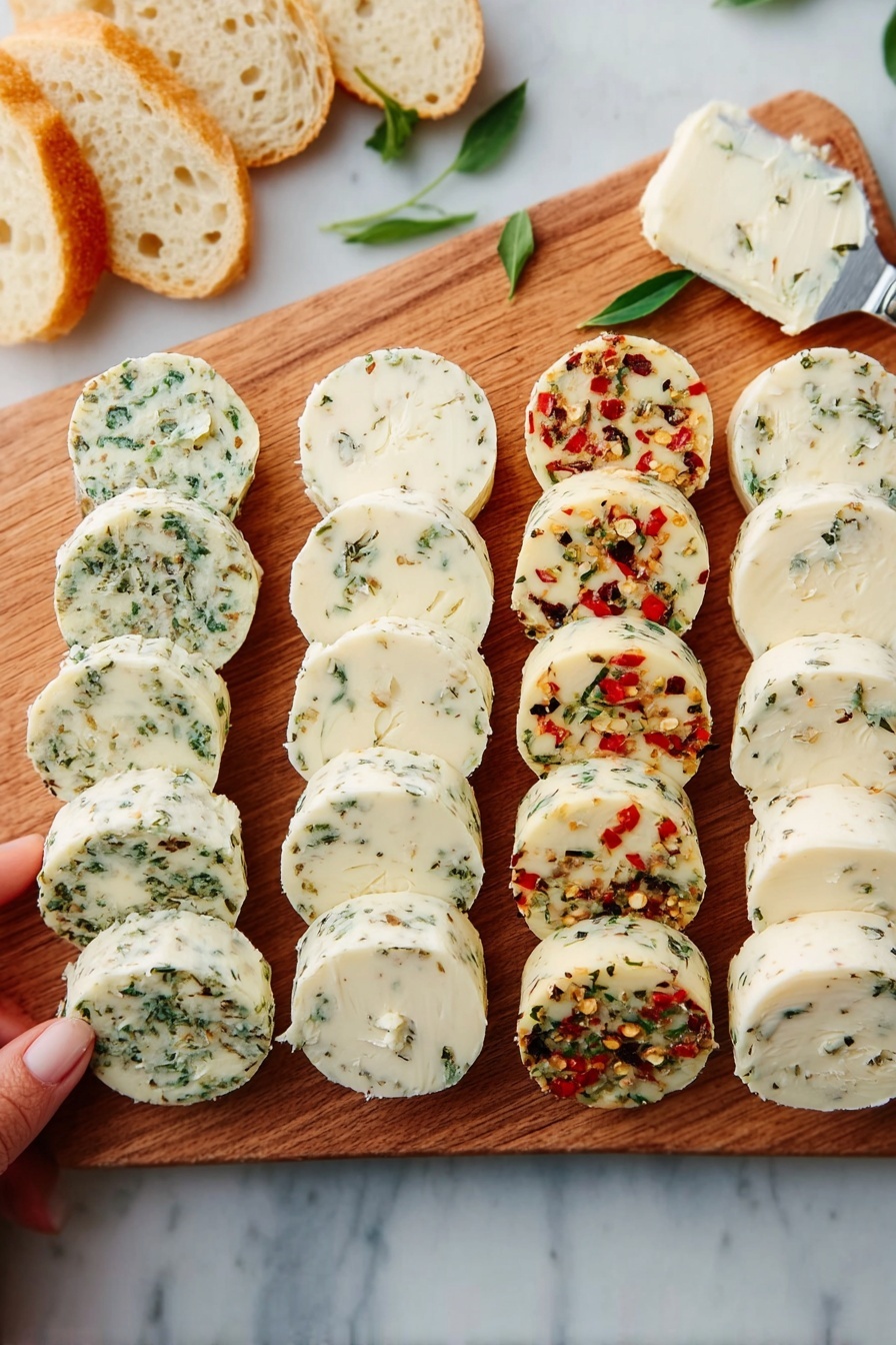 The image shows four rows of round, white butter slices with different herbs and spices mixed in, arranged neatly on a wooden board. Each row has about eight slices stacked closely in a straight line. The butter in the first and second rows have green herbs, the third row has red chili flakes and herbs, and the fourth row has darker seeds or spices mixed in. Around the board, there are pieces of sliced white bread and a white knife with butter on its tip, resting on the white marbled surface. A woman's hand is holding one side of the board. photo taken with an iphone --ar 2:3 --v 7 - Herb Compound Butter, herb butter, flavored butter, homemade herb butter, versatile herb butter