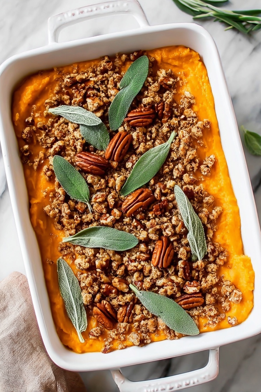 A white rectangular dish holds a layered pumpkin-colored puree spread evenly at the bottom. On top of this smooth orange layer is a textured crumb layer made of crushed walnuts and pecans, giving a crunchy appearance. Scattered on the crumb layer are whole pecans, which are darker brown and ridged. Fresh green sage leaves are arranged decoratively over the nuts, adding a bright contrast. The dish sits on a white marbled surface, and part of a woman's hand is seen at the bottom left corner, holding the dish. Photo taken with an iphone --ar 2:3 --v 7 - Sweet Potato Casserole with Crumble Topping, holiday sweet potato casserole, easy sweet potato side dish, comforting Thanksgiving casserole, flavorful crumble topping recipe