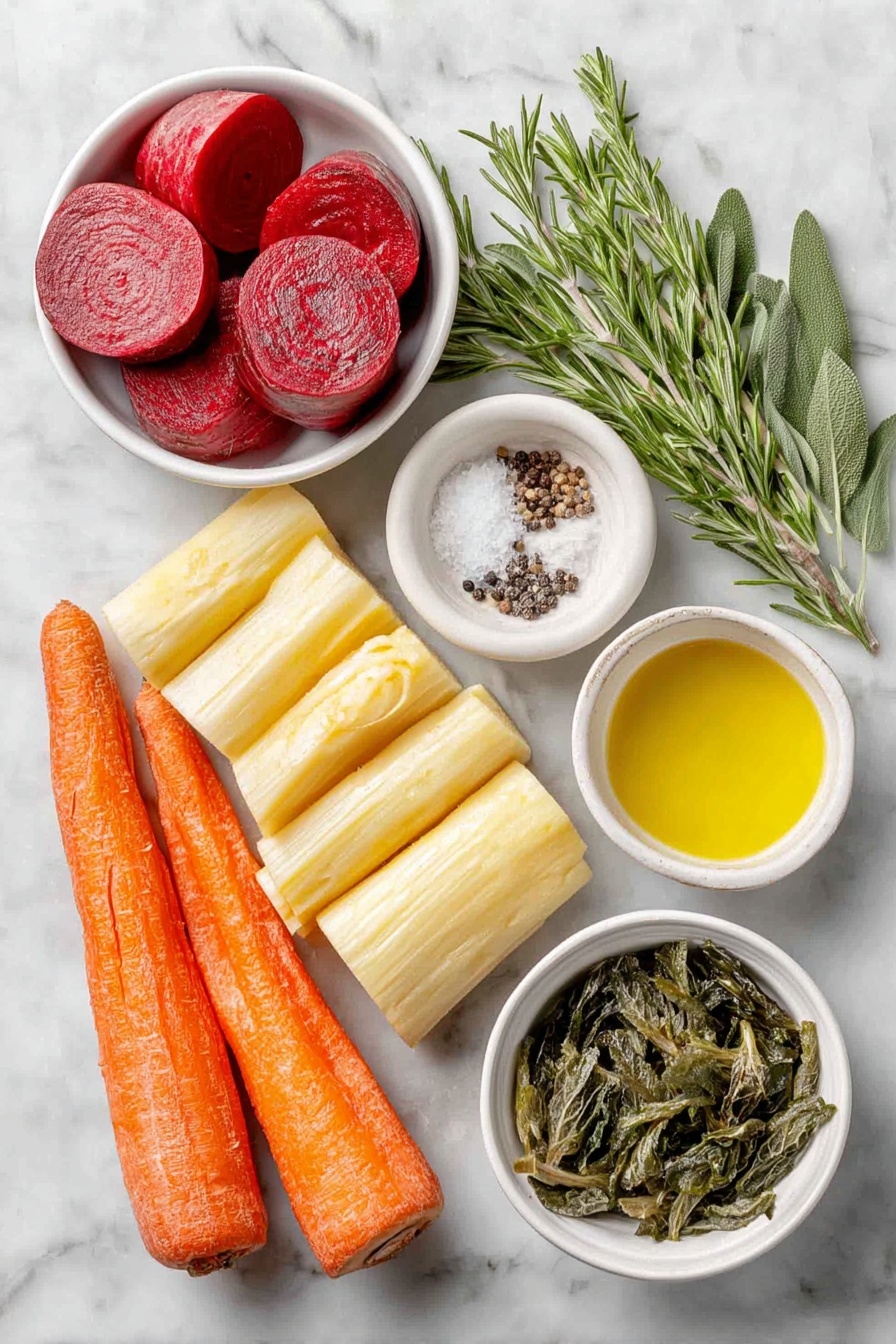 Flat lay of peeled red beet cut into 1-inch chunks, golden beet cut into 1-inch chunks, a large carrot sliced into 1-inch roll cuts, three parsnips chopped into 1-inch chunks, one medium sweet potato chopped into 1-inch chunks, one turnip chopped into 1-inch chunks, a few fresh rosemary sprigs, several fresh sage leaves, a small handful of fresh thyme leaves, a few pinches of sea salt crystals, freshly ground black peppercorns, a small white ceramic bowl with extra-virgin olive oil, a small white ceramic bowl with crispy fried sage leaves all arranged symmetrically and balanced on a clean white marble surface, soft natural light, photo taken with an iPhone, professional food photography style, fresh ingredients, white ceramic bowls, no bottles, no duplicates, no utensils, no packaging --ar 2:3 --v 7 --p awthu7i m7354615311229779997 - Roasted Root Vegetables with Crispy Sage, roasted root vegetable side dish, earthy roasted veggie recipe, crispy sage topping, seasonal roasted vegetable