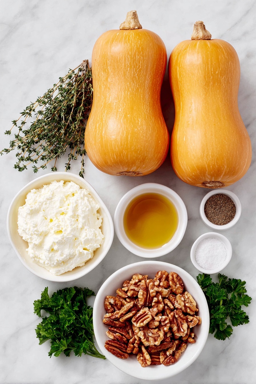Flat lay of three whole uncut honeynut squash with smooth orange skin and greenish stems, a small white bowl filled with golden extra-virgin olive oil, a small white bowl holding amber-colored apple cider vinegar, a small white bowl containing rich amber maple syrup, a small white bowl of coarse sea salt crystals, a small white bowl with ground cinnamon powder, a small white bowl of freshly ground black pepper, fresh thyme sprigs with small green leaves neatly arranged, a small white bowl of creamy whipped ricotta cheese, a small white bowl with chopped toasted walnuts showing golden brown pieces, and a few sprigs of fresh flat-leaf parsley with vibrant green leaves, all symmetrically arranged on a clean white marble surface, soft natural light, photo taken with an iPhone, professional food photography style, fresh ingredients, white ceramic bowls, no bottles, no duplicates, no utensils, no packaging --ar 2:3 --v 7 --p awthu7i m7354615311229779997 - Roasted Honeynut Squash with Ricotta and Walnuts, roasted honeynut squash recipe, easy autumn squash dishes, cozy vegetable side dishes, healthy seasonal squash recipes