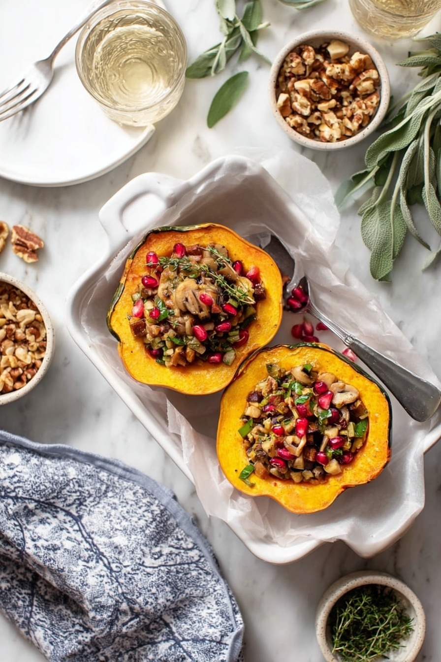 Two halves of a small pumpkin sit in a white rectangular dish lined with white parchment paper; the pumpkin flesh is bright orange with a slightly rough texture, and each half is filled with a mixture of small chunks of mushrooms, nuts, herbs, and red pomegranate seeds, adding a mix of earthy browns, green, and bright red on top. Around the dish, there is a white marbled surface with a loose blue and white cloth, a white plate with a fork, a bowl of chopped nuts and dried fruit, some fresh sage leaves, a small dish of green herbs, and a glass of clear liquid. The scene is lit softly with natural light, creating a fresh and inviting look. photo taken with an iphone --ar 2:3 --v 7 - Stuffed Acorn Squash with Tempeh and Cranberries, healthy stuffed acorn squash, vegan acorn squash recipes, autumn vegetarian dinner ideas, cozy fall squash dishes