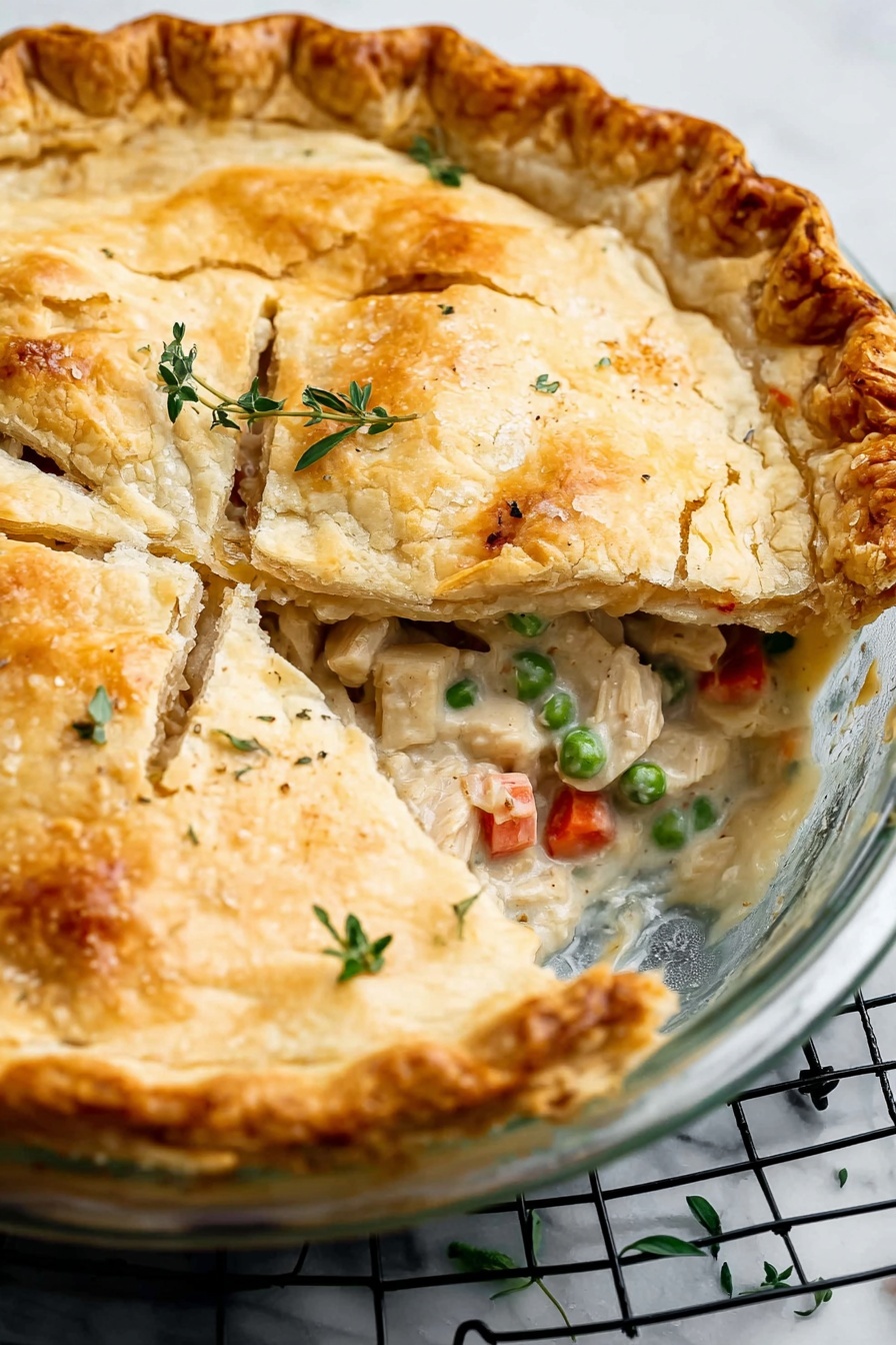 A close-up of a slice of chicken and vegetable pie on a white plate, showing three layers: the top layer is a golden brown crust with a slightly crimped edge and a small sprig of herb on top, the middle layer is a creamy filling with tender chunks of white chicken, bright orange carrots, and green peas, and the bottom layer is another golden brown crust holding the filling. The slice is placed on two stacked white plates, with a whole pie blurred in the background on a white marbled surface. photo taken with an iphone --ar 2:3 --v 7 - Creamy Chicken Pot Pie, chicken pot pie recipe, homemade chicken pot pie, comforting chicken pie, flaky chicken pot pie