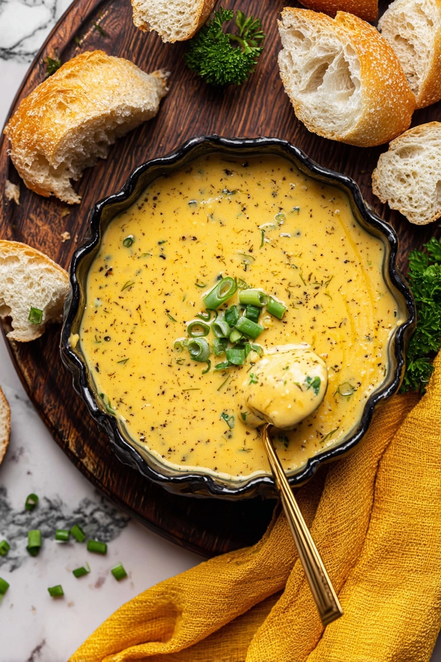 A black scalloped bowl filled with thick, creamy yellow soup speckled with black herbs fills most of the frame, topped with chopped green onions placed in the center. A gold spoon rests inside the bowl, scooping up some of the soup. Around the bowl are pieces of crusty bread with a light brown crust and soft, airy inside. There are small sprigs of green parsley and scattered green onion pieces on a dark wood surface. A soft yellow cloth is placed under the bowl and around the bread pieces. The background is changed to a white marbled texture. Photo taken with an iphone --ar 2:3 --v 7 - Cheddar Garlic Herb Potato Soup, potato soup with cheddar and herbs, creamy potato soup recipe, easy comfort food soup, savory garlic herb potato soup