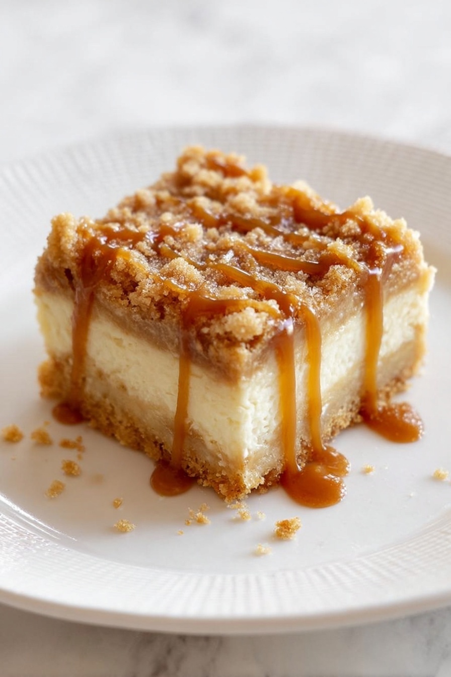 A square shaped dessert bar with three clear layers sits on a white plate with a textured rim on a white marbled surface. The bottom layer is a dense, light golden crust. The middle layer is thick, creamy, and pale beige in color. The top layer is a crumbly, golden-brown streusel with small crumbs scattered on the plate. The bar is generously drizzled with rich, shiny caramel sauce that flows down the sides. Photo taken with an iphone --ar 2:3 --v 7 - Caramel Apple Cheesecake Bars, apple dessert bars, caramel cheesecake bars, easy apple dessert recipe, fall dessert recipes