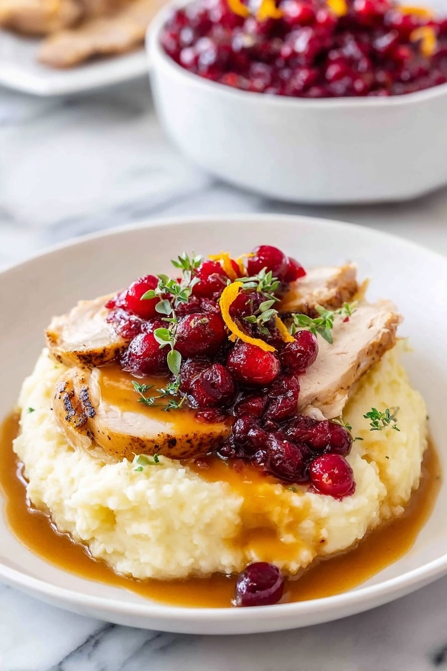 A white plate sits on a white marbled surface, holding a serving of creamy mashed potatoes as the base layer, smooth and pale yellow in color. On top are two slices of roasted turkey, browned on the edges with a juicy texture. A glossy, orange-brown gravy is drizzled over the turkey and some mashed potatoes, partially running down the sides. Over the turkey rests a bright, chunky red cranberry sauce with whole berries and a few small, orange zest curls. Some finely chopped green herbs are sprinkled over the whole dish for color. In the background is a white bowl filled with more cranberry sauce. Photo taken with an iphone --ar 2:3 --v 7 - Instant Pot Turkey Breast with Creamy Gravy, easy turkey breast recipe, quick Instant Pot turkey, juicy turkey breast, flavorful turkey dinner