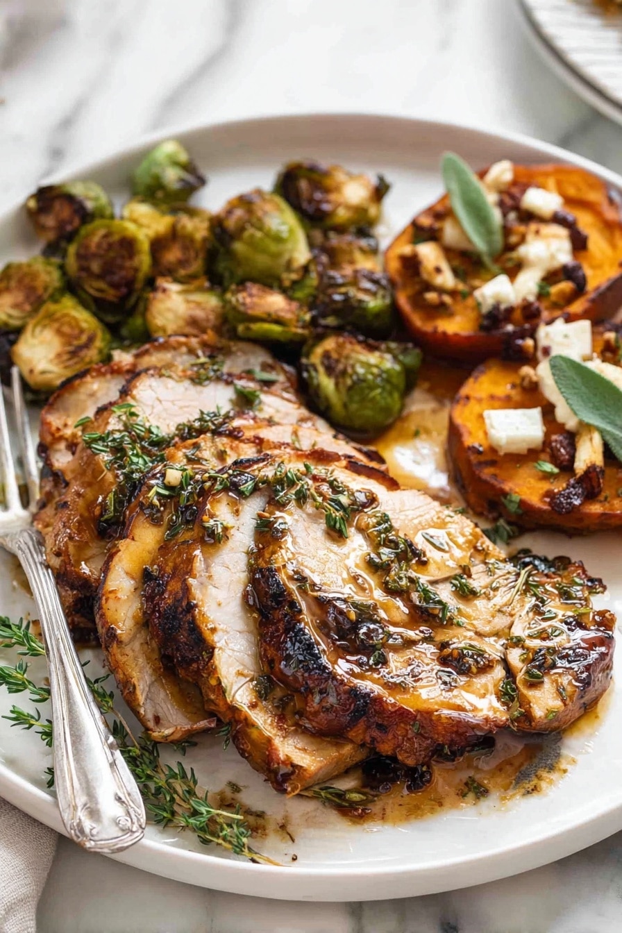 On a white plate resting on a white marbled surface, there are three main parts. The largest part is at the front: thin slices of cooked meat with a golden brown glaze, showing some darker charred edges and sprinkled with green herbs. Behind this, near the top left, there are several roasted Brussels sprouts halves, browned and slightly crispy on the outside. To the right side, there are toasted sweet potato rounds topped with small pieces of white cheese, green leaves, and some toasted nuts. A silver fork lies on the left side of the plate. A small sprig of green herb rests on top of the meat. photo taken with an iphone --ar 2:3 --v 7 - Garlic Herb Butter Roasted Turkey Breast, roasted turkey breast, herb butter turkey, juicy turkey breast recipe, easy holiday turkey