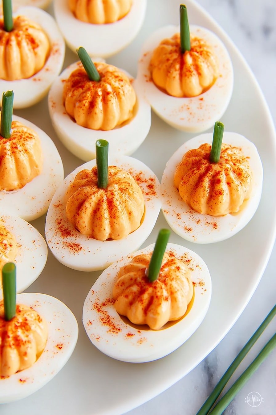A white round plate holds twelve deviled eggs arranged in a circular pattern on a white marbled surface. Each egg is cut in half with the white egg white forming the base and a smooth, light orange filling piped inside in a ridged pumpkin shape. Each filling has a small green piece of chive placed vertically to look like a pumpkin stem. Some of the fillings are sprinkled with a small amount of red paprika powder. Above the plate, there is a small clear bowl filled with bright red paprika powder and a bunch of fresh green chives tied with a white string placed on the white marbled surface. photo taken with an iphone --ar 2:3 --v 7 - Pumpkin Deviled Eggs, Halloween Deviled Eggs, Fall Party Appetizer, Pumpkin Themed Snacks, Easy Holiday Deviled Eggs
