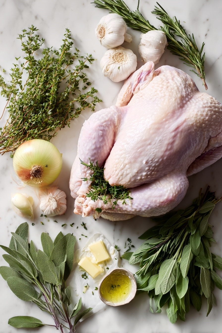 Flat lay of a whole raw turkey with pale pink skin and plump texture, surrounded by fresh garlic heads halved to reveal smooth white cloves, a halved onion with rich brown and yellow outer layers and crisp white flesh inside, small bunches of vibrant green mixed herbs including sage, rosemary, thyme, and parsley with delicate leaves, sprigs of finely chopped sage and rosemary displaying their textured, needle-like leaves, and a small mound of creamy, pale yellow melted butter glistening softly, all arranged naturally with some herbs sprinkled around to add freshness, placed on white marbled surface, photo taken with an iphone --ar 2:3 --v 7 - Juicy Roast Turkey with Herb Butter and Garlic Gravy, Roast Turkey Recipe, Herb Butter Turkey, Garlic Gravy for Turkey, Perfect Roast Turkey