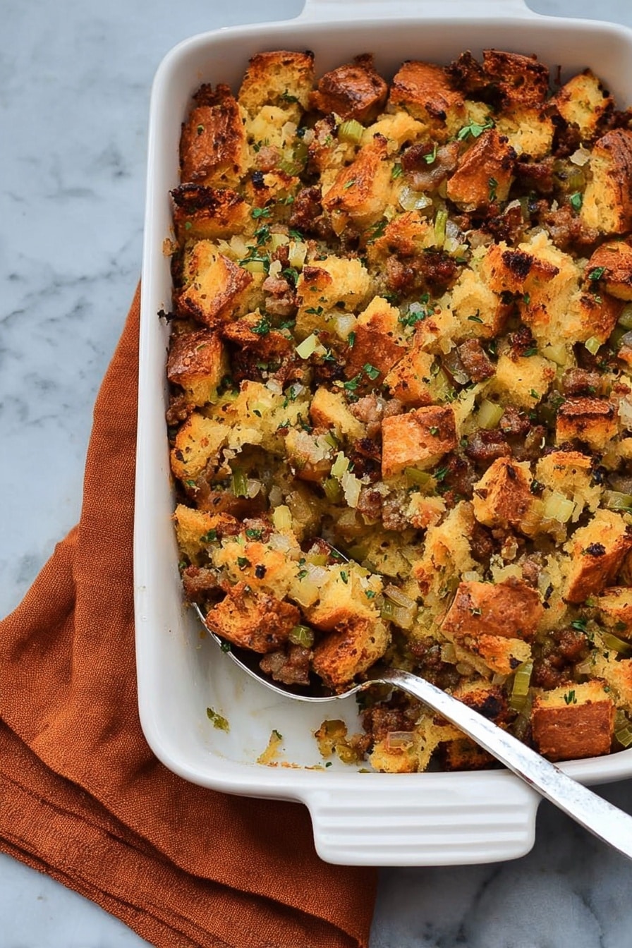 A white rectangular ceramic baking dish with handles filled with a golden-brown bread casserole. The casserole has several layers of chunky bread pieces in light tan and orange hues, mixed with bits of green herbs and darker brown spots of cooked ingredients. The top layer shows a slightly crisp texture with uneven bread chunks coated in a glossy finish. The dish is placed on a white marbled surface. photo taken with an iphone --ar 2:3 --v 7 - Easy Sausage & Herb Stuffing, sausage herb stuffing, savory stuffing recipe, holiday stuffing idea, easy Thanksgiving stuffing