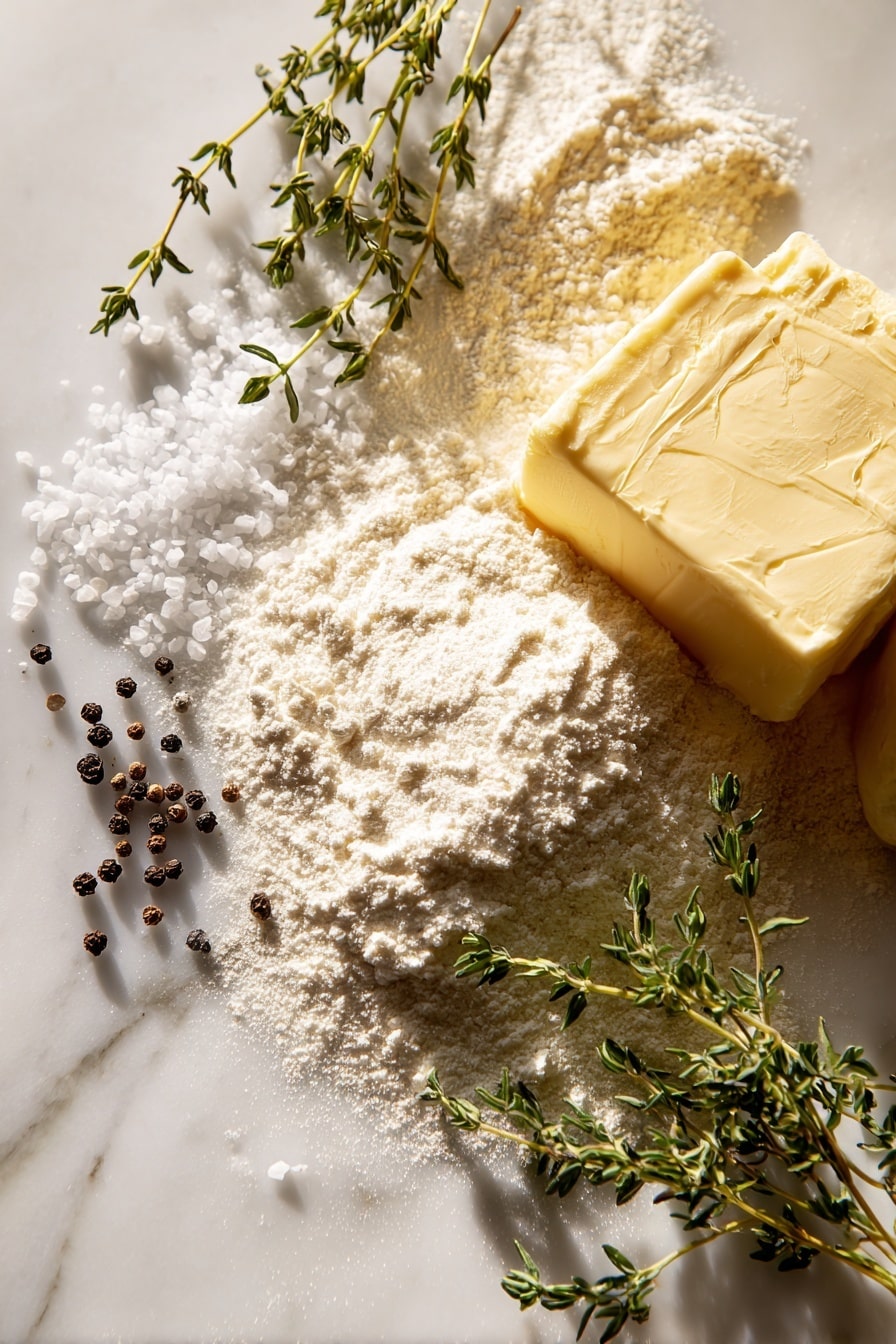 Flat lay of rich golden turkey drippings shimmering with a glossy surface, a chunk of creamy pale yellow salted butter, a small pile of fine white all-purpose flour with soft powdery texture, coarse black peppercorns scattered naturally, crystalline white sea salt flakes, and fresh sprigs of vibrant green thyme arranged loosely to add a touch of color, all beautifully spaced with soft natural shadows, placed on white marbled surface, photo taken with an iphone --ar 2:3 --v 7 - Easy Turkey Gravy From Drippings, homemade turkey gravy, Thanksgiving turkey gravy, savory turkey gravy recipe, how to make turkey gravy from drippings