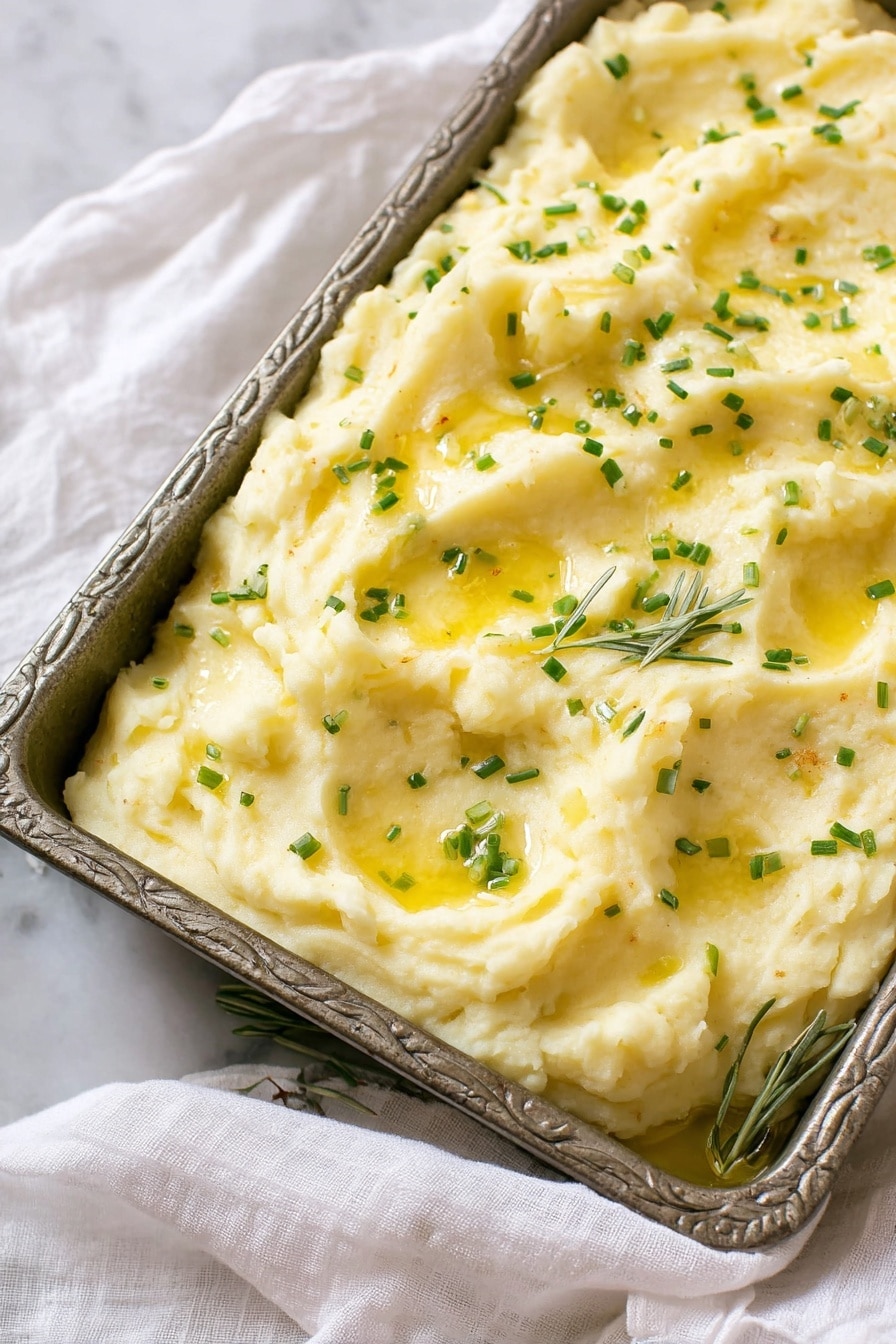 A close-up image of a single layer of creamy mashed potatoes in a textured rectangular metal baking tray, the potatoes are light yellow with a smooth and fluffy texture, topped with small green chives scattered across and drizzled with melted butter adding a shiny finish, the tray is placed on a white fabric, and the background shows a soft-focus white marbled surface photo taken with an iphone --ar 2:3 --v 7 - Creamy Garlic Mashed Potatoes, mashed potato recipes, garlic mashed potatoes, easy mashed potatoes, smooth mashed potato side dish