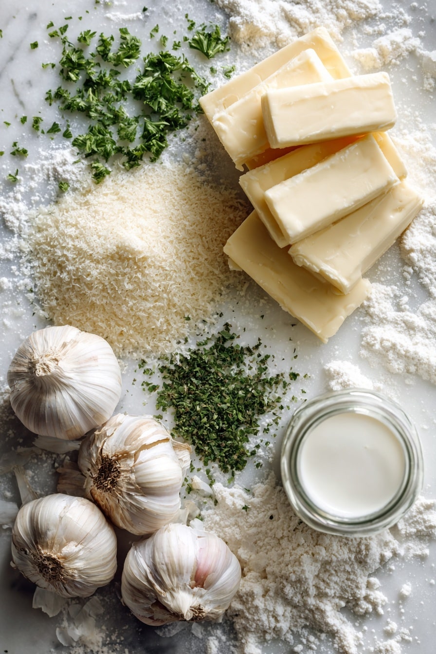 Flat lay of fresh whole garlic cloves with their papery white skins, a small stack of creamy pale yellow salted butter sticks, a scattering of dried bright green parsley flakes in a small pile, coarse granulated white sugar crystals sparkling gently, and smooth white buttermilk in a clear glass jar showing its creamy texture, all beautifully arranged with loose grains of all-purpose flour dusted softly around, placed on white marbled surface, photo taken with an iphone --ar 2:3 --v 7 - Garlic Butter Swim Biscuits, garlic butter biscuits, buttery garlic biscuits, easy garlic biscuits, swimming in garlic butter biscuits