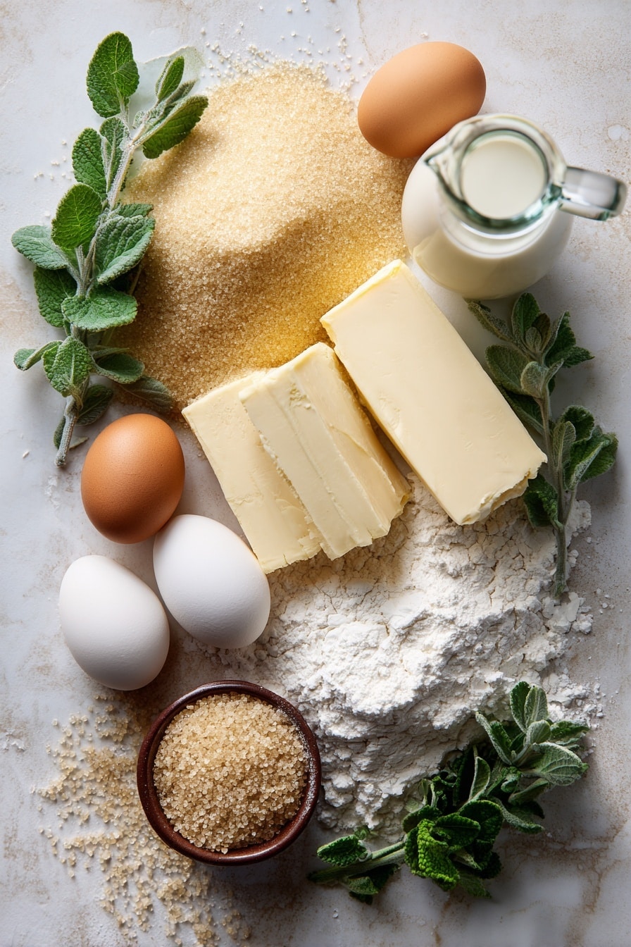 Flat lay of golden granular sugar crystals heaped softly, a pile of creamy white all-purpose flour with a delicate powdery texture, rich yellow salted butter blocks partially melted with glossy surfaces, fresh whole eggs showing smooth warm brown shells, a small mound of active dry yeast granules with rustic light brown specks, a clear glass jug of whole milk with a creamy white hue, a pinch of coarse sea salt crystals sparkling subtly, and a small bunch of vibrant fresh herbs with deep green leaves arranged naturally around each ingredient, placed on white marbled surface, photo taken with an iphone --ar 2:3 --v 7 - Best Homemade Dinner Rolls, soft fluffy dinner rolls, homemade bread rolls, easy dinner roll recipe, buttery dinner rolls