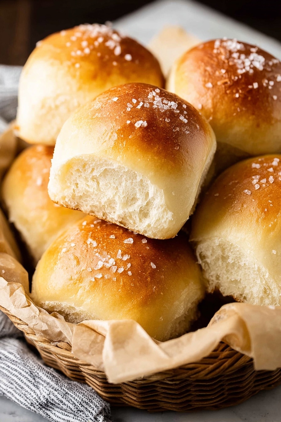 The image shows a close-up of three soft bread rolls in a baking pan lined with parchment paper. The rolls have a shiny, golden-brown top layer with a few sparkling grains of salt on one of them. The inside of the front roll is fluffy and white, with a light texture. The baking pan is dark and rests on a surface with a white marbled texture. photo taken with an iphone --ar 2:3 --v 7 - Best Homemade Dinner Rolls, soft fluffy dinner rolls, homemade bread rolls, easy dinner roll recipe, buttery dinner rolls
