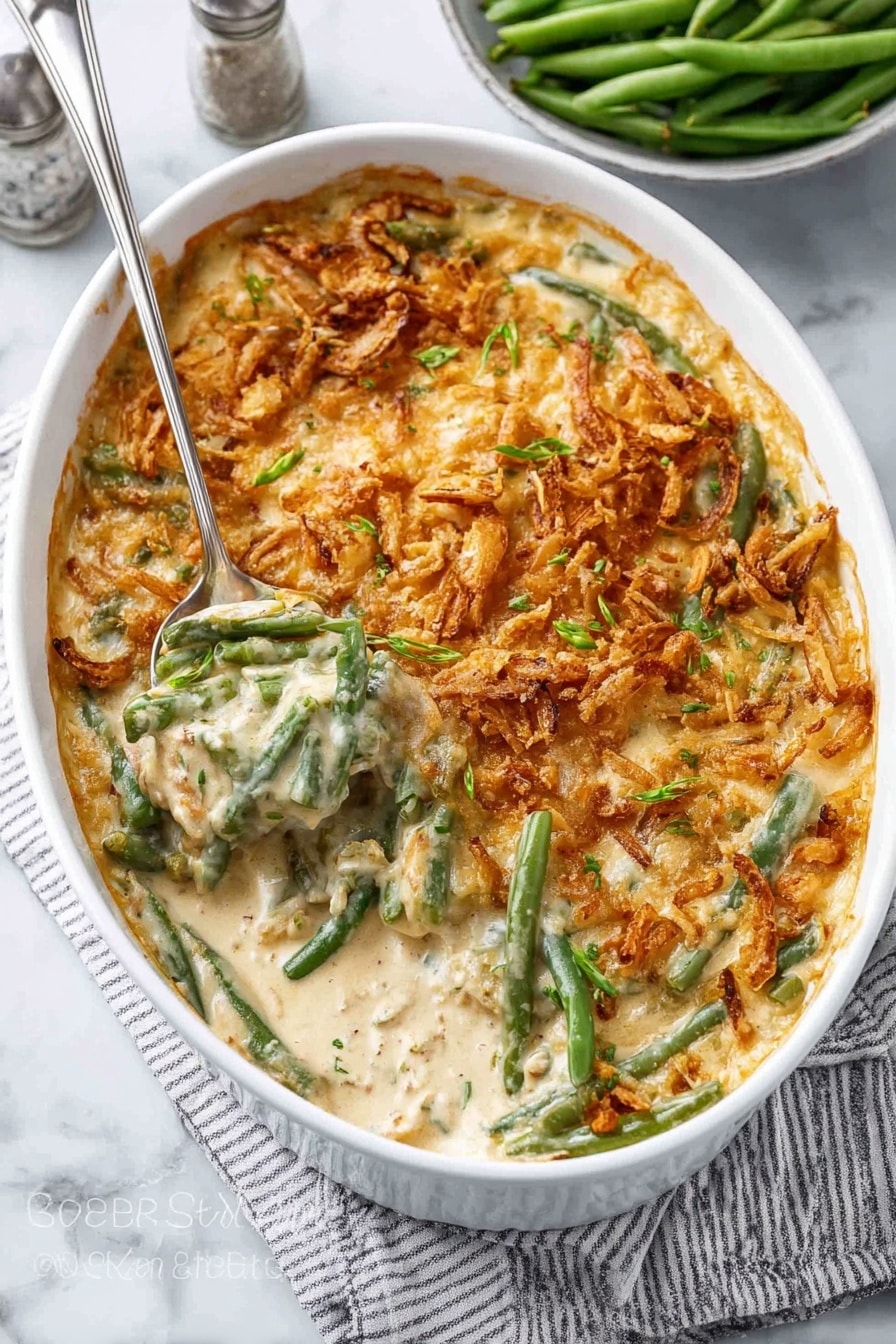 A white round baking dish filled with a creamy green bean casserole. The dish has three visible layers: the base is made of soft green beans mixed in a creamy, off-white sauce, the middle layer includes more green beans creating a textured look, and the top layer is a golden brown crust of crispy fried onions spread evenly. A silver spoon scoops some casserole out from one side, revealing the creamy inside and steam rising slightly. The dish sits on a white marbled surface with a striped cloth underneath on one side. photo taken with an iphone --ar 2:3 --v 7 - Green Bean Casserole, green bean casserole recipe, holiday side dishes, easy green bean casserole, creamy green bean casserole