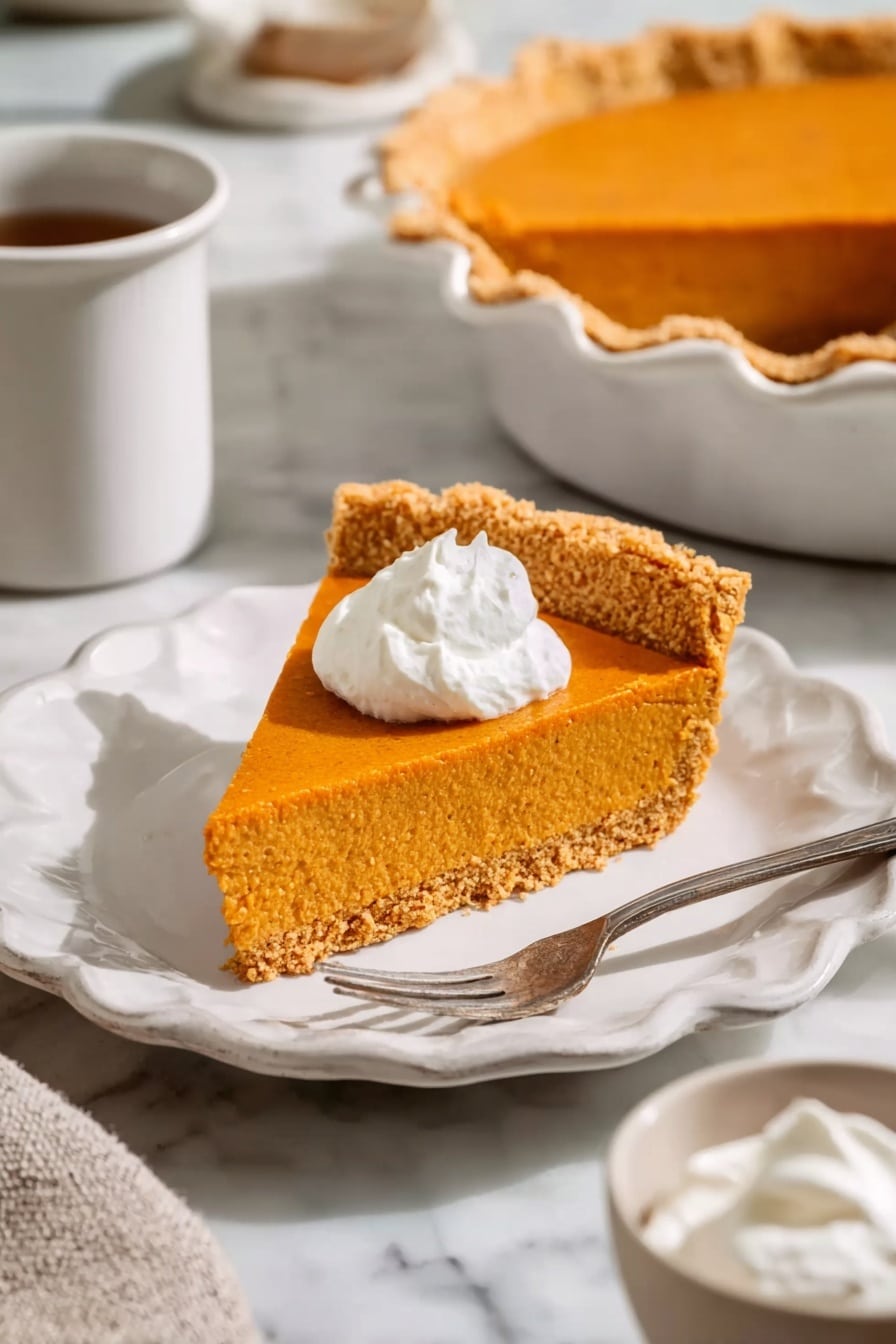 A slice of pumpkin pie with two layers is shown on a white plate with a dotted pattern and a scalloped edge. The bottom crust layer is a golden brown and crumbly texture, supporting a thick, smooth orange pumpkin filling layer above it. A dollop of white whipped cream sits on top of the pumpkin layer. A silver fork is partly in the pie, holding a small piece of the pumpkin layer lifted slightly above the plate. The background is a white marbled texture. Photo taken with an iphone --ar 2:3 --v 7 - No-Bake Pumpkin Pie, pumpkin pie without baking, easy fall desserts, no-bake pumpkin dessert, quick pumpkin pie recipe