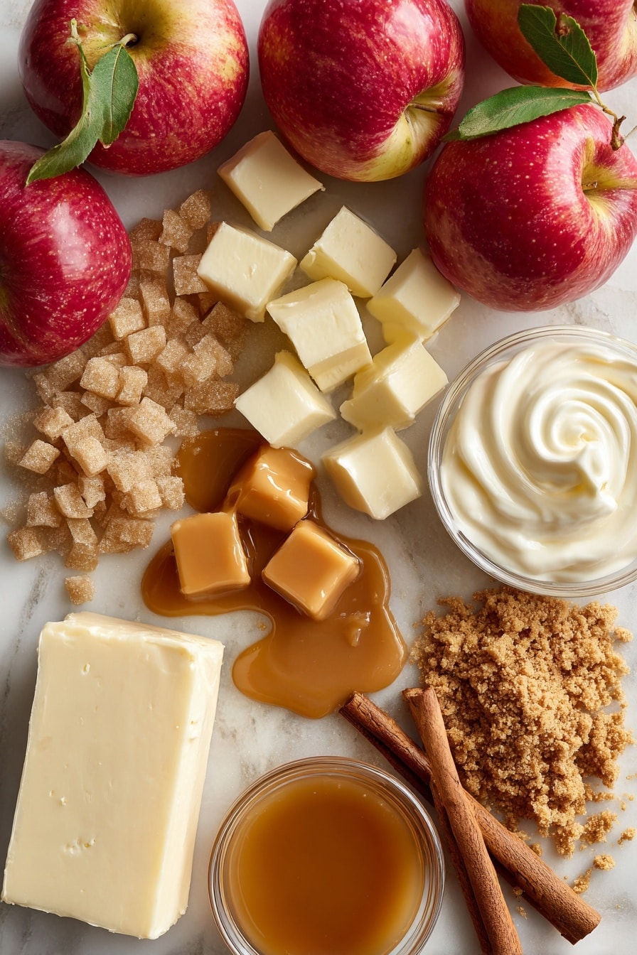 Flat lay of shiny red apples freshly chopped with bits of green leaves, small cubes of creamy salted butter with smooth edges, golden amber caramel sauce glistening in a soft pool, light brown sugar crystals loosely scattered with a sandy texture, a block of smooth white cream cheese resting beside a cinnamon stick with deep brown spiral layers, a small pile of crushed vanilla wafer crumbs with crumbly texture, dollops of thick sour cream alongside a splash of heavy whipping cream with a silky surface, all beautifully arranged in a natural and inviting manner, placed on white marbled surface, photo taken with an iphone --ar 2:3 --v 7 - Caramel Apple Cheesecake, caramel apple cheesecake, homemade caramel apple cheesecake, best caramel apple cheesecake, holiday caramel apple cheesecake