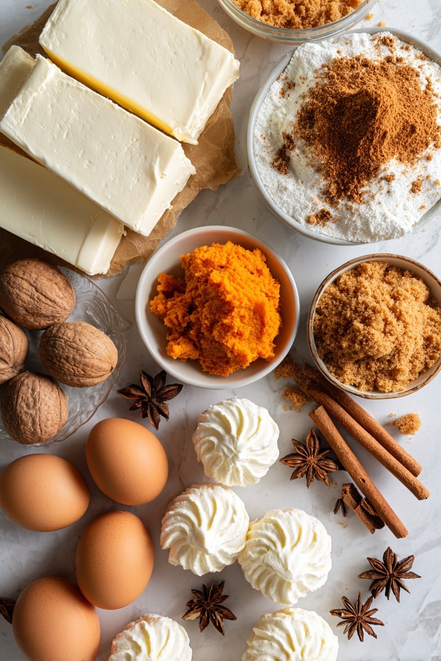 Flat lay of fresh cream cheese blocks with smooth, white creamy texture, bright orange pumpkin puree in a small bowl, warm golden brown graham cracker crumbs with coarse texture scattered lightly, shiny brown sugar crystals piled neatly, fresh whole eggs with smooth beige shells, fresh sour cream dollops with glossy white swirls, cinnamon sticks and whole nutmeg adding rich brown tones, several star anise pods for deep rust color, all artfully arranged with natural spacing and soft shadows, placed on white marbled surface, photo taken with an iphone --ar 2:3 --v 7 - Pumpkin Cheesecake Bars, Fall dessert recipes, Easy pumpkin dessert, Cheesecake bars recipe, Pumpkin spice treats