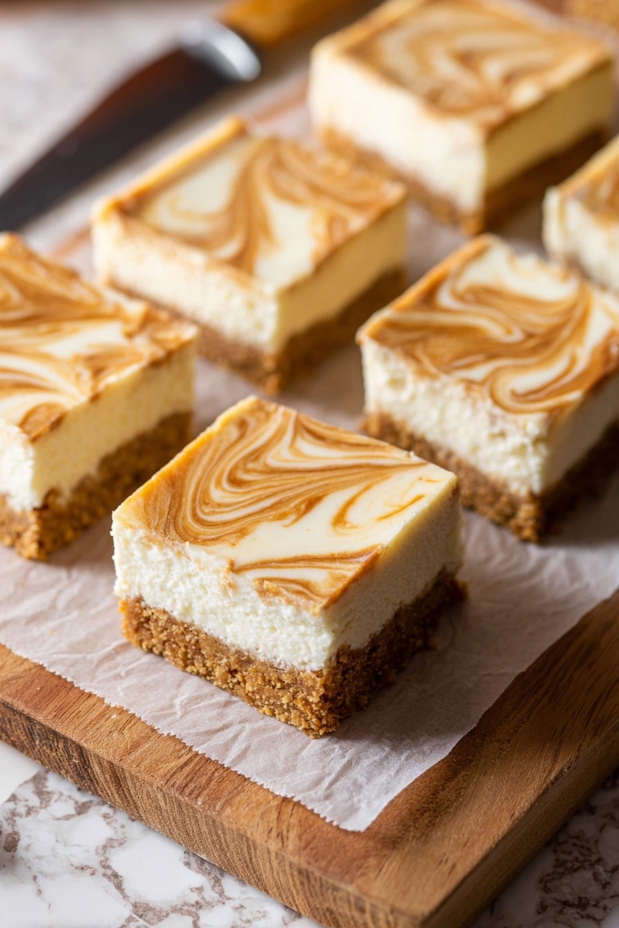 The image shows a slice of layered dessert with three layers. The bottom layer is crumbly and brown, resembling a baked crust. The middle layer is thick and creamy white, smooth and soft in texture. The top layer is thin with a light brown and white swirl pattern, creating a marbled effect. The dessert slice sits on a piece of parchment on a wooden surface, with other similar slices blurred in the background. The photo is taken with an iphone --ar 2:3 --v 7 - Pumpkin Cheesecake Bars, Fall dessert recipes, Easy pumpkin dessert, Cheesecake bars recipe, Pumpkin spice treats