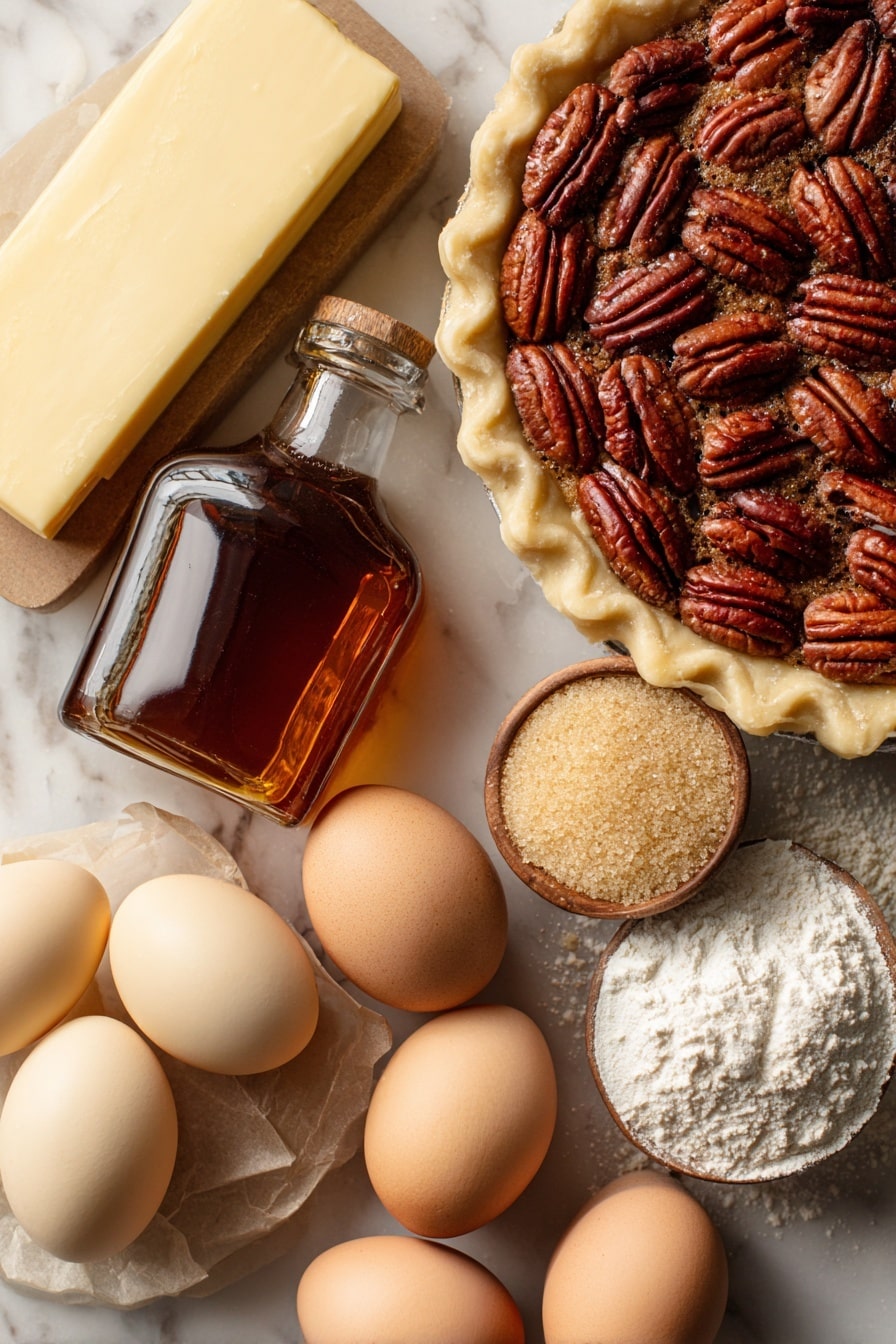 Flat lay of glossy pecan halves with rich, warm brown hues and intricate textures, a smooth slab of pale yellow salted butter, golden light corn syrup glistening softly, three large fresh eggs with smooth ivory shells, a small heap of light and dark golden granulated and brown sugars with a sparkling crystalline texture, a glass bottle of vanilla extract with deep amber liquid inside, and a round, pale beige unbaked homemade pie crust with a gently fluted edge, all arranged naturally with slight overlaps and shadows to highlight their freshness and color contrast, placed on white marbled surface, photo taken with an iphone --ar 2:3 --v 7 - Pecan Pie, classic pecan pie, easy pecan pie recipe, nutty dessert, holiday pecan pie