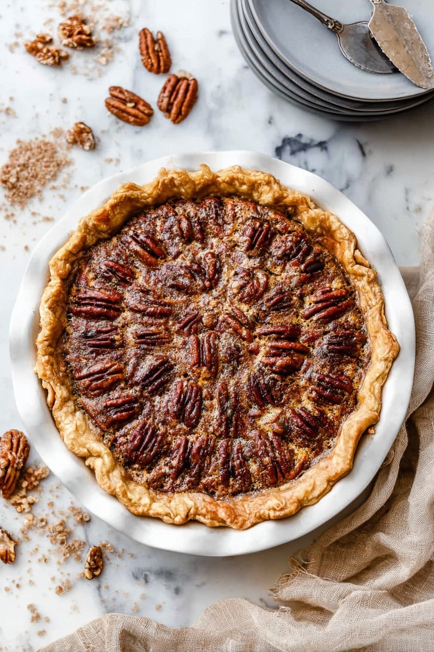 A close-up of a single slice of pecan pie on a white plate, showing three layers: a golden-brown flaky crust at the bottom and edges, a thick dark brown gooey filling in the middle clustered with glossy pecan halves on top, arranged unevenly but covering the surface well; crumbs are scattered around the slice on the plate, which sits on a white marbled surface, with a silver fork placed to the right side. Photo taken with an iphone --ar 2:3 --v 7 - Pecan Pie, classic pecan pie, easy pecan pie recipe, nutty dessert, holiday pecan pie