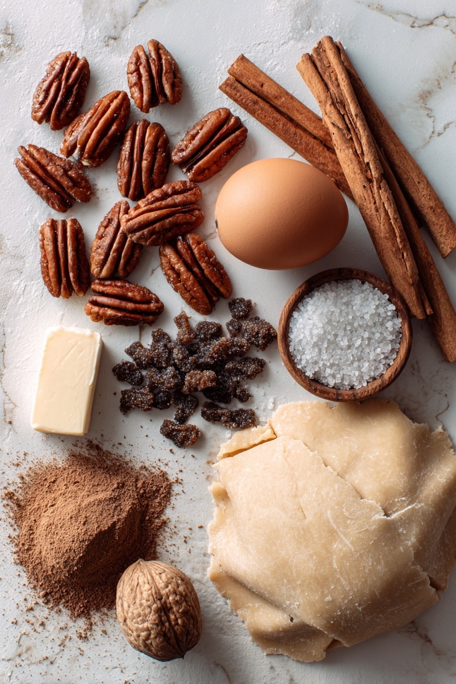 Flat lay of whole pecans with rich brown shells, a stick of unsalted butter melting gently at one side, a small pile of dark brown sugar crystals sparkling in the light, a fresh large brown egg with smooth shell, cinnamon sticks with rough texture and warm reddish-brown hue, a small heap of finely ground nutmeg powder with earthy tone, tiny white coarse sea salt flakes scattered naturally, and a rolled-out pale beige pie dough circle with soft folds and a slightly flour-dusted surface, all beautifully arranged in a casual yet artful manner placed on white marbled surface, photo taken with an iphone --ar 2:3 --v 7 - Mini Pecan Pies in a Mini Muffin Pan, easy pecan pie bites, individual pecan dessert, holiday mini pies, bite-sized pecan treats