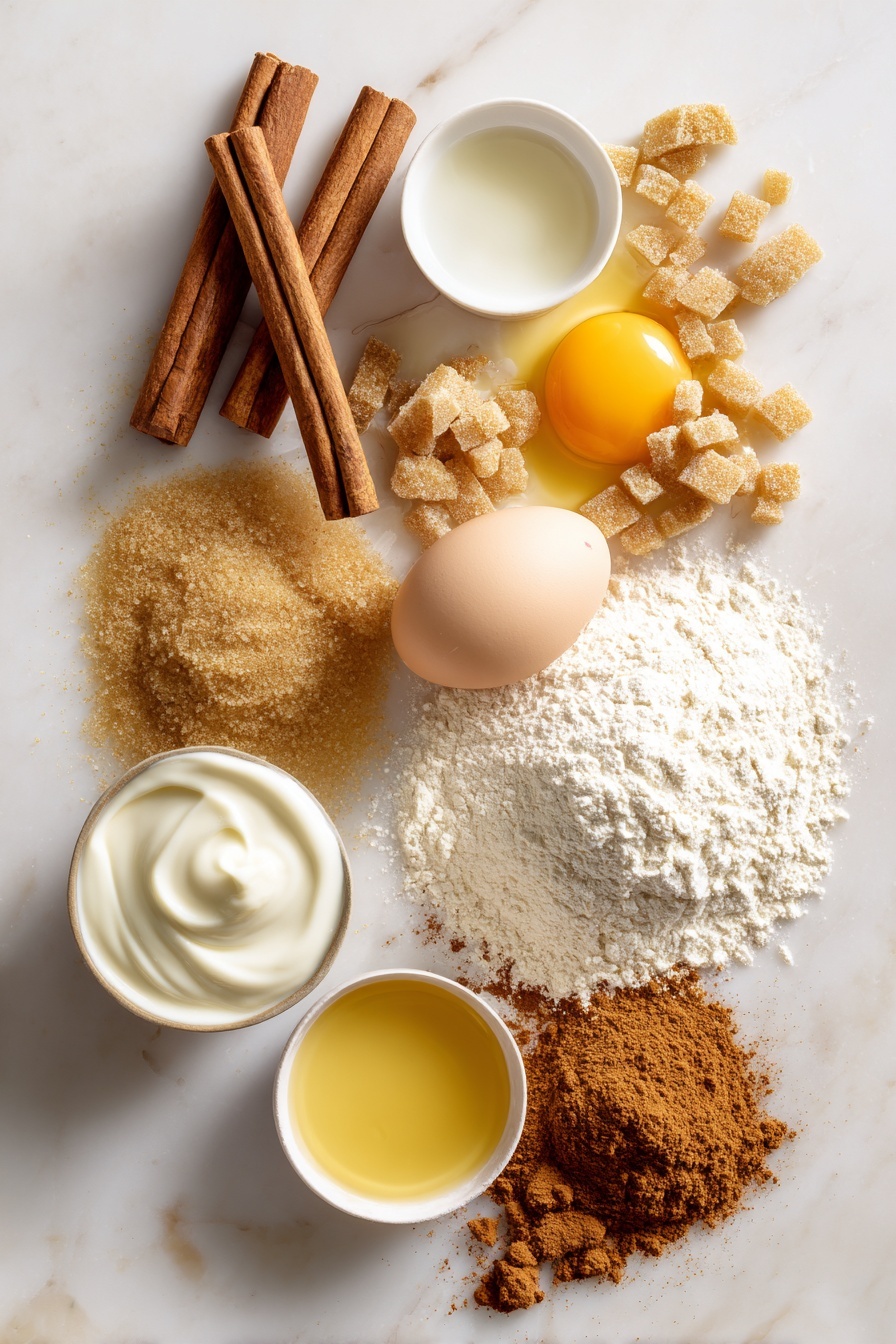Flat lay of warm brown cinnamon sticks with textured ridges, golden light brown packed brown sugar crystals, smooth creamy white yogurt dollops, fresh light yellow whole egg, rich golden melted butter pools, tiny piles of warm reddish-brown ground cinnamon and nutmeg powders, creamy off-white all-purpose flour scattered gently, and a small splash of fresh white milk, all beautifully arranged in natural loose clusters and soft mounds with varied textures, placed on white marbled surface, photo taken with an iphone --ar 2:3 --v 7 - Baked Cinnamon Sugar Donuts, easy baked donuts, cinnamon sugar donut recipe, weekend breakfast donuts, soft baked donuts