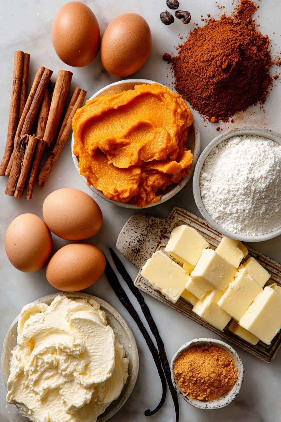 Flat lay of bright orange pumpkin puree dolloped next to warm brown cinnamon sticks and a small heap of earthy pumpkin pie spice powder, surrounded by shiny brown eggs with smooth shells, a mound of creamy white cream cheese, soft golden butter chunks, a scattering of fine white powdered sugar, and a small vanilla bean pod revealing glossy black seeds, all beautifully arranged with natural light enhancing their rich textures and colors, placed on white marbled surface, photo taken with an iphone --ar 2:3 --v 7 - Pumpkin Roll with Cream Cheese Filling, pumpkin roll dessert, fall pumpkin cake, cream cheese pumpkin roll, easy pumpkin roll recipe