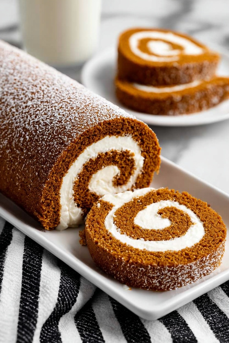 The image shows two views of a rolled cake on a white plate placed on a white marbled surface. The cake has two main layers: the outer layer is a soft, brown sponge with a slightly rough texture, and inside it is a thick layer of smooth, white cream rolled into a spiral shape. In the left part of the image, the whole roll is visible with a light dusting of white powdered sugar on top. On the right side, a single round slice of the cake displays the spiral cream and sponge layers clearly. Nearby, a striped cloth and a cinnamon stick rest on the white marbled surface, adding a cozy touch. Photo taken with an iphone --ar 2:3 --v 7 - Pumpkin Roll with Cream Cheese Filling, pumpkin roll dessert, fall pumpkin cake, cream cheese pumpkin roll, easy pumpkin roll recipe