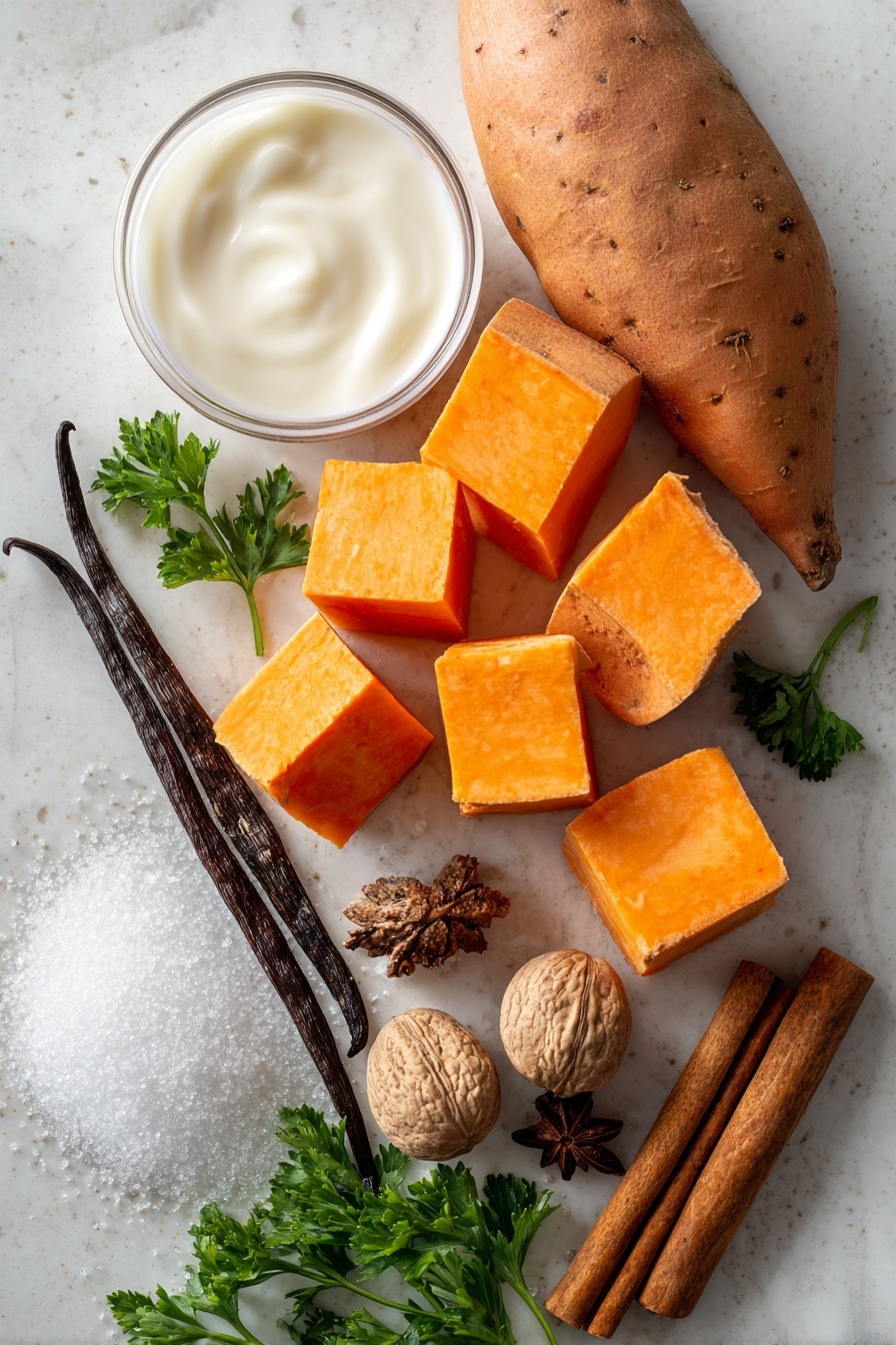 Flat lay of two medium sweet potatoes, peeled and roughly diced showing their bright orange flesh and smooth skin, a split vanilla bean pod with glossy black seeds exposed, two cinnamon sticks with rich brown textured bark, one whole nutmeg featuring its round, slightly rough beige surface, a small pile of white granulated sugar sparkling softly, a small bowl of creamy white heavy cream with a smooth texture, and a few fresh green sprigs of parsley for a touch of color, all beautifully arranged in a natural, slightly scattered pattern with warm tones and contrasting textures, placed on white marbled surface, photo taken with an iphone --ar 2:3 --v 7 - Silky Sweet Potato Pie, sweet potato pie recipe, creamy sweet potato dessert, holiday sweet potato pie, comforting pie recipes