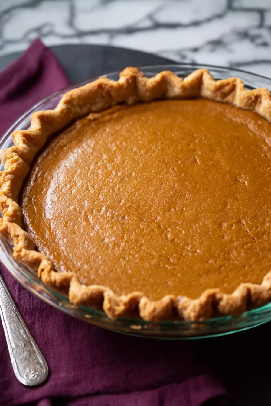 A single slice of pumpkin pie sits on a white plate, showing two layers: a thick, smooth orange pumpkin filling on the bottom, and a golden, flaky crust on the top and sides with crimped edges. On the top edge of the pie slice, a line of white whipped cream is piped in small swirls. A silver fork rests next to the slice on the plate. In the background, a larger pumpkin pie in a clear glass pie dish is slightly visible, also topped with whipped cream. The whole scene is on a white marbled surface with a dark purple cloth in the background. Photo taken with an iphone --ar 2:3 --v 7 - Silky Sweet Potato Pie, sweet potato pie recipe, creamy sweet potato dessert, holiday sweet potato pie, comforting pie recipes