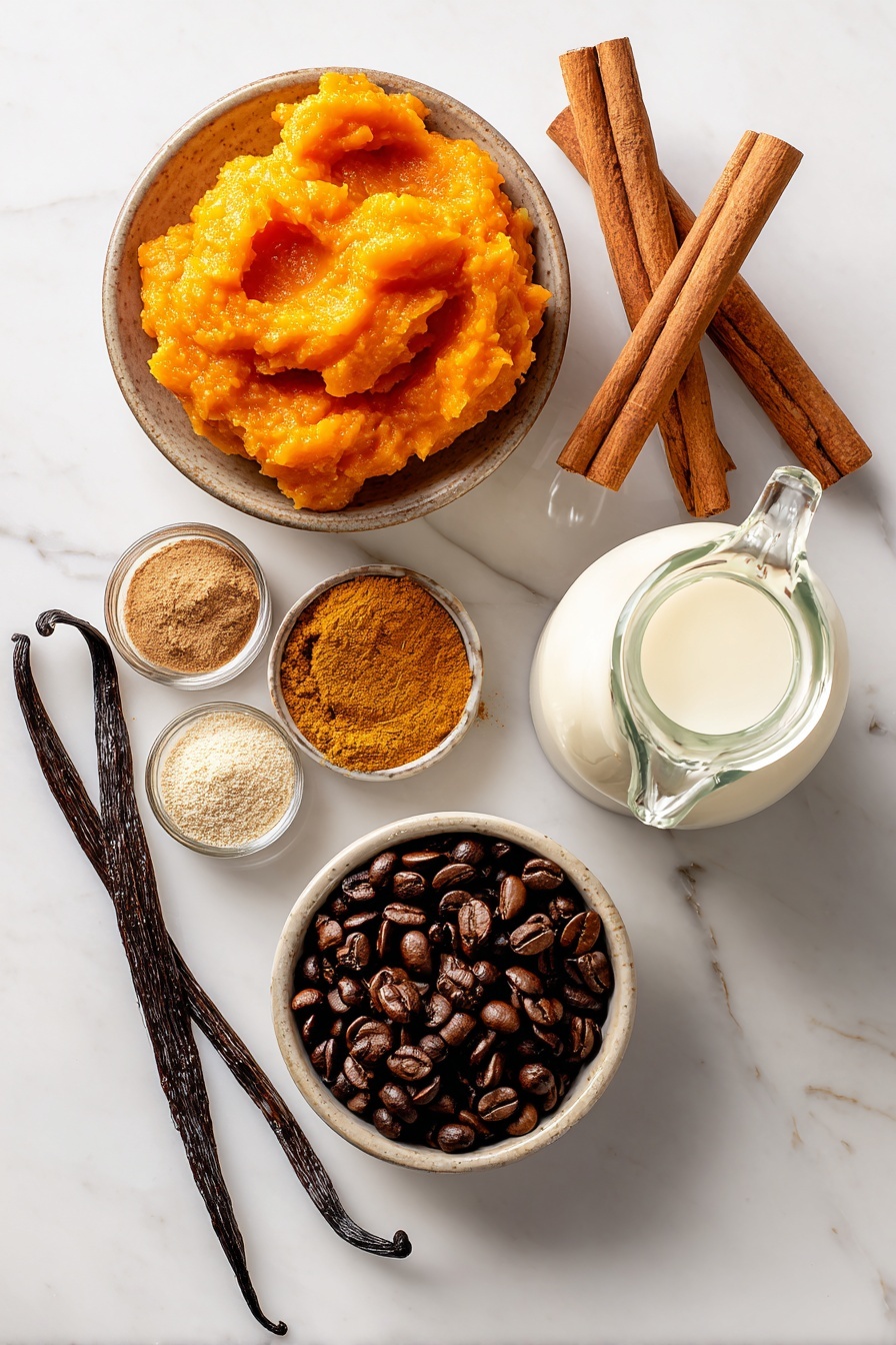 Flat lay of bright orange pumpkin puree dolloped next to warm brown cinnamon sticks, small piles of golden pumpkin pie spice and amber maple syrup glistening in light, fresh vanilla bean pods with smooth pale seeds visible, a small mound of rich dark roasted coffee beans, creamy white milk in a glass jug, all beautifully arranged with contrast and texture placed on white marbled surface, photo taken with an iphone --ar 2:3 --v 7 - Pumpkin Spice Latte, homemade Pumpkin Spice Latte, fall coffee drinks, cozy latte recipe, DIY Pumpkin Spice Latte