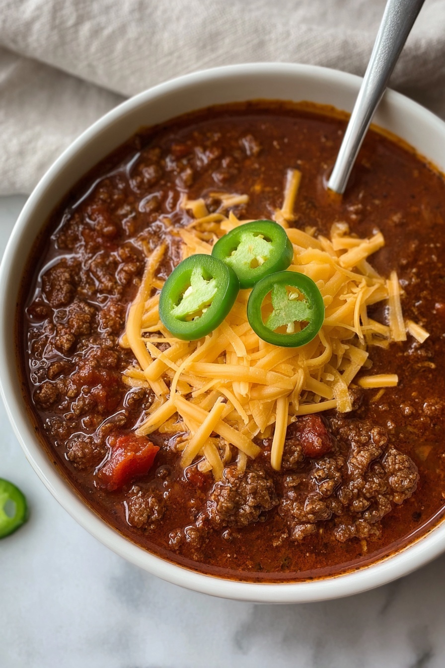 A white bowl filled with thick chili made of dark brown ground meat and red tomato chunks in a rich reddish-brown sauce. On top, there is a large layer of shredded yellow cheddar cheese, with three bright green sliced jalapeño rings placed on the cheese. A silver spoon is placed inside the bowl on the right side. The bowl is set on a white marbled surface with a soft cloth in the background. photo taken with an iphone --ar 2:3 --v 7 - The Best One Pot Chili, easy chili recipe, quick weeknight dinner, hearty chili, one pot meals