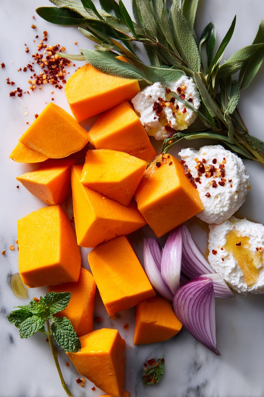 Flat lay of vibrant orange butternut squash cubes with smooth skin and soft flesh, thinly sliced pale purple shallots arranged in delicate layers, small fresh green mint leaves with textured veins scattered naturally, creamy white ricotta cheese dollops showing their soft, whipped texture, golden honey glistening in a small pool catching the light, glossy green olive branches with plump olives, and tiny red chili flakes sprinkled lightly nearby, all placed on white marbled surface, photo taken with an iphone --ar 2:3 --v 7 - Butternut Squash Crostini with Honey and Mint, roasted butternut squash appetizers, easy vegetarian crostini, gourmet fall appetizers, honey mint crostini