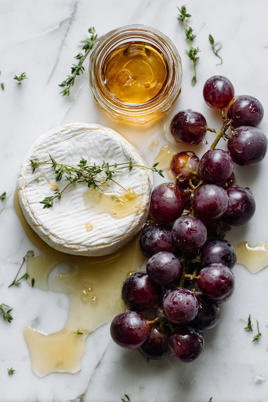 Flat lay of a round wheel of creamy brie cheese with its soft white rind, a small bunch of plump, deep purple grapes with a slight bloom, a slender fresh thyme sprig with tiny green leaves, and a small glass jar of golden honey showing its thick, glossy texture, arranged naturally with some scattered honey drips nearby, all placed on white marbled surface, photo taken with an iphone --ar 2:3 --v 7 - Baked Brie with Honey and Thyme, cheesy baked Brie, honey thyme cheese appetizer, easy Brie cheese recipes, elegant cheese appetizer