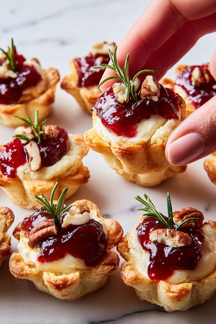The image shows several small tartlets arranged closely on a white marbled surface. Each tartlet has a golden-brown crispy shell base shaped like a flower with slightly raised edges. Inside, there is a creamy white layer of soft cheese filling, topped with a bright red cranberry sauce dollop that looks shiny and thick. On top of the cranberry sauce are small pieces of pale brown pecans and a small sprig of fresh green rosemary sitting upright. One tartlet is being held gently by a woman's hand on the right side, lifting it slightly above the others, showing the layers clearly. photo taken with an iphone --ar 2:3 --v 7 - Cranberry Brie Bites, easy holiday appetizers, savory pastry bites, festive canapé recipes, Brie cheese appetizer