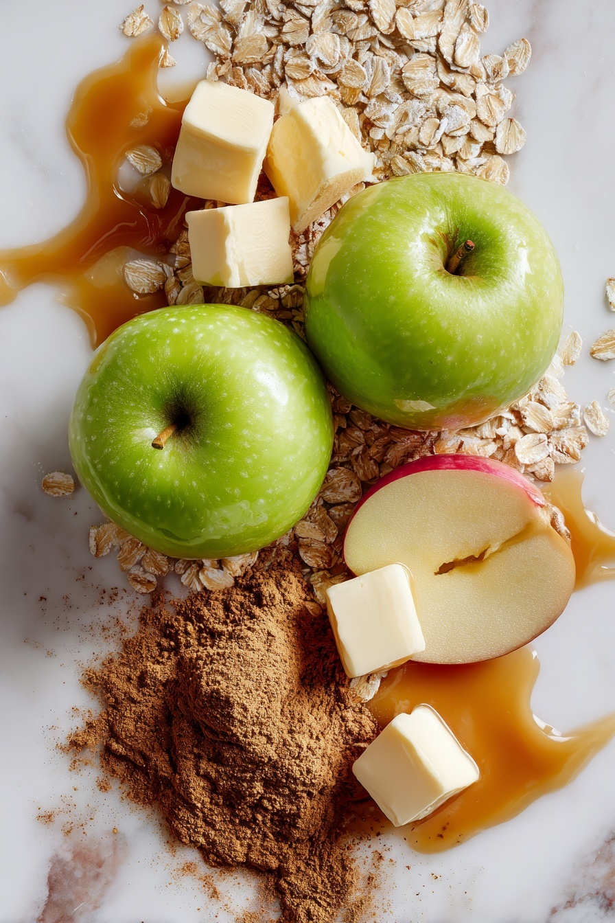 Flat lay of two crisp apples—one bright green Granny Smith and one rosy pink Lady—thinly sliced to show their juicy, fresh texture, rustic rolled oats scattered nearby with their rough, coarse surface, soft cubes of pale yellow cold butter contrasting with a small mound of light and dark golden brown sugar crystals, a heap of warm brown cinnamon powder with its fine, dusty texture, delicate specks of nutmeg, and a small drizzle of glossy, rich amber caramel sauce pooling slightly, all beautifully arranged in a natural, effortless style with overlapping layers and gentle shadows, placed on white marbled surface, photo taken with an iphone --ar 2:3 --v 7 - Salted Caramel Apple Pie Bars, apple pie bar recipes, caramel apple dessert, easy apple dessert bars, salted caramel baked goods