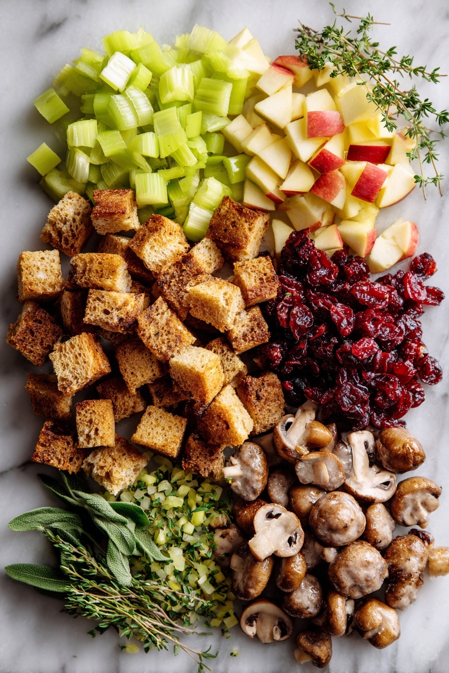 Flat lay of golden toasted whole wheat bread cubes, plump mild Italian sausage links, diced crisp green celery stalks, chopped sweet yellow onion, fresh bright green thyme, sage, and parsley leaves, juicy diced red apples, earthy brown mushrooms, and a small pile of dried cranberries, all beautifully arranged in clusters with natural spacing, placed on a white marble surface, photo taken with an iphone --ar 2:3 --v 7 - Sausage and Herb Stuffing with Apples and Cranberries, Thanksgiving stuffing recipes, holiday stuffing ideas, savory sausage stuffing, fall side dish recipes