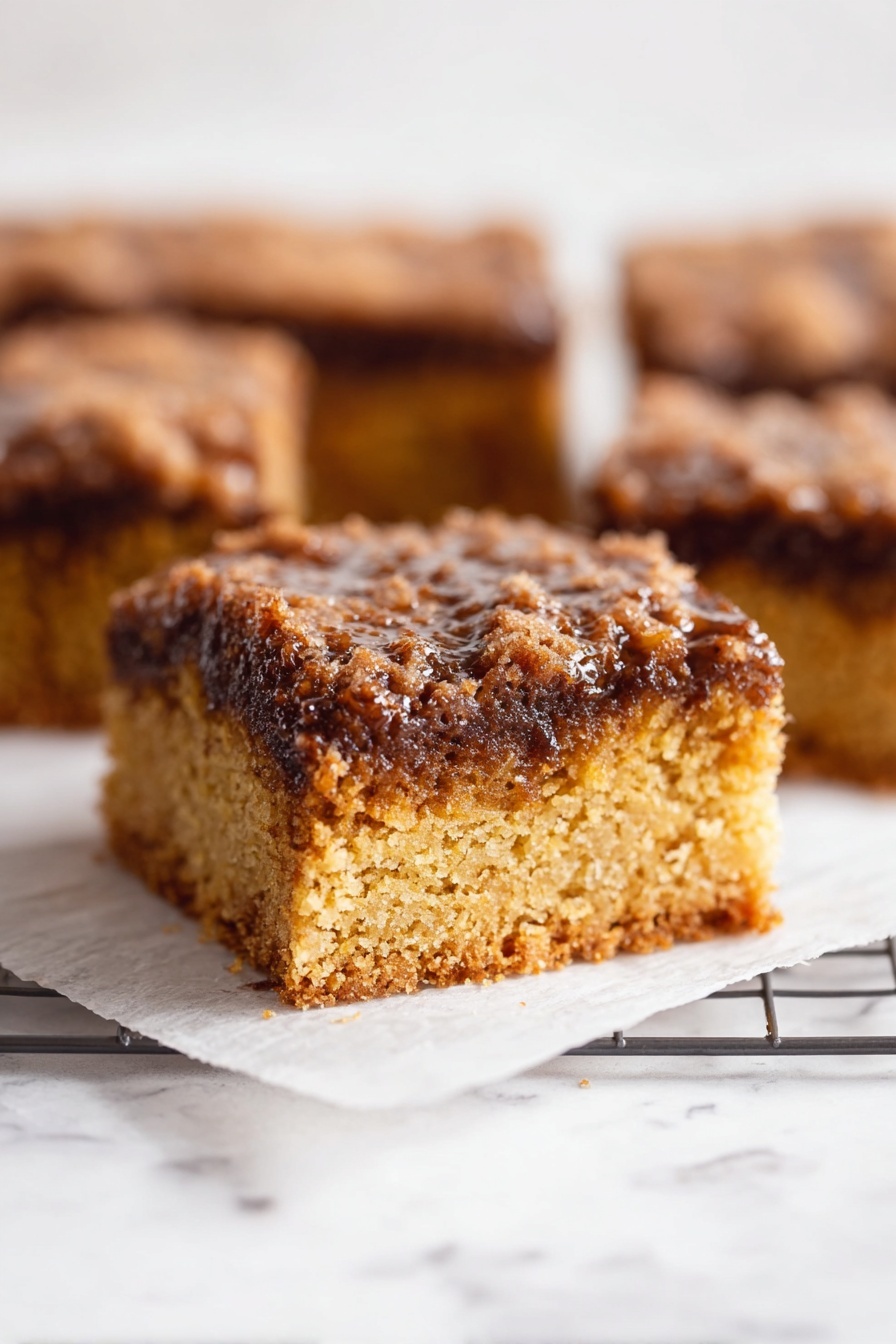 A square pastry cut into nine smaller squares sits on white parchment paper over a dark wire cooling rack, which rests on a white marbled surface. The pastry has a crumbly brown streusel topping that looks crunchy and uneven, with white icing drizzled over it in thin, irregular lines. Around the edges, some crumbs are scattered, and two clear glasses filled with milk are partially visible at the top and left side of the image. photo taken with an iphone --ar 2:3 --v 7 - Pumpkin Coffee Cake with Crumb Topping and Maple Glaze, fall pumpkin coffee cake, autumn spice coffee cake, moist pumpkin cake recipe, easy pumpkin brunch cake